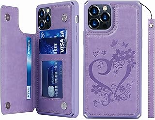 iCoverCase for iPhone 12/12 Pro Wallet Case with Card Slots Holder and Wrist Strap [RFID Blocking] Embossed Leather Kickstand Magnetic Clasp Shockproof Cover 6.1 Inch (Heart Purple)
