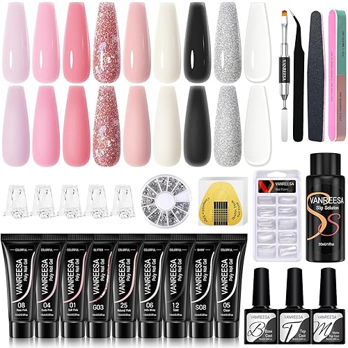 VANREESA - Kit de gel de uñas de polietileno, 9 colores, kit de uñas de extensión de polietileno con kit de uñas transparente blanco y rosa para