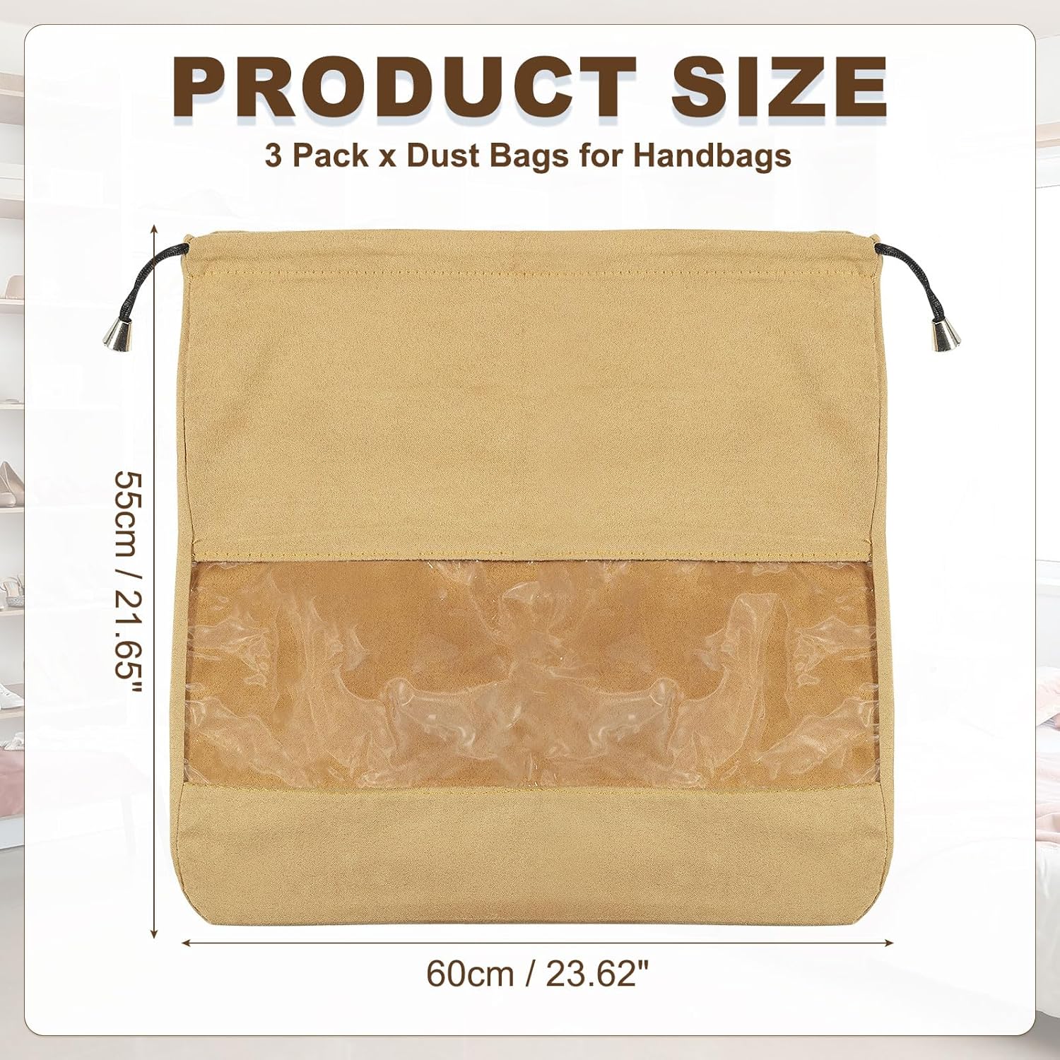 uxcell 3 Pack Dust Bags for Handbags, 23.62"x21.65" Cotton Drawstring Storage Pouch Bag with Window Dust Cover Storage Bags for Purses Shoes Boots Daily Travel Storage, Coffee