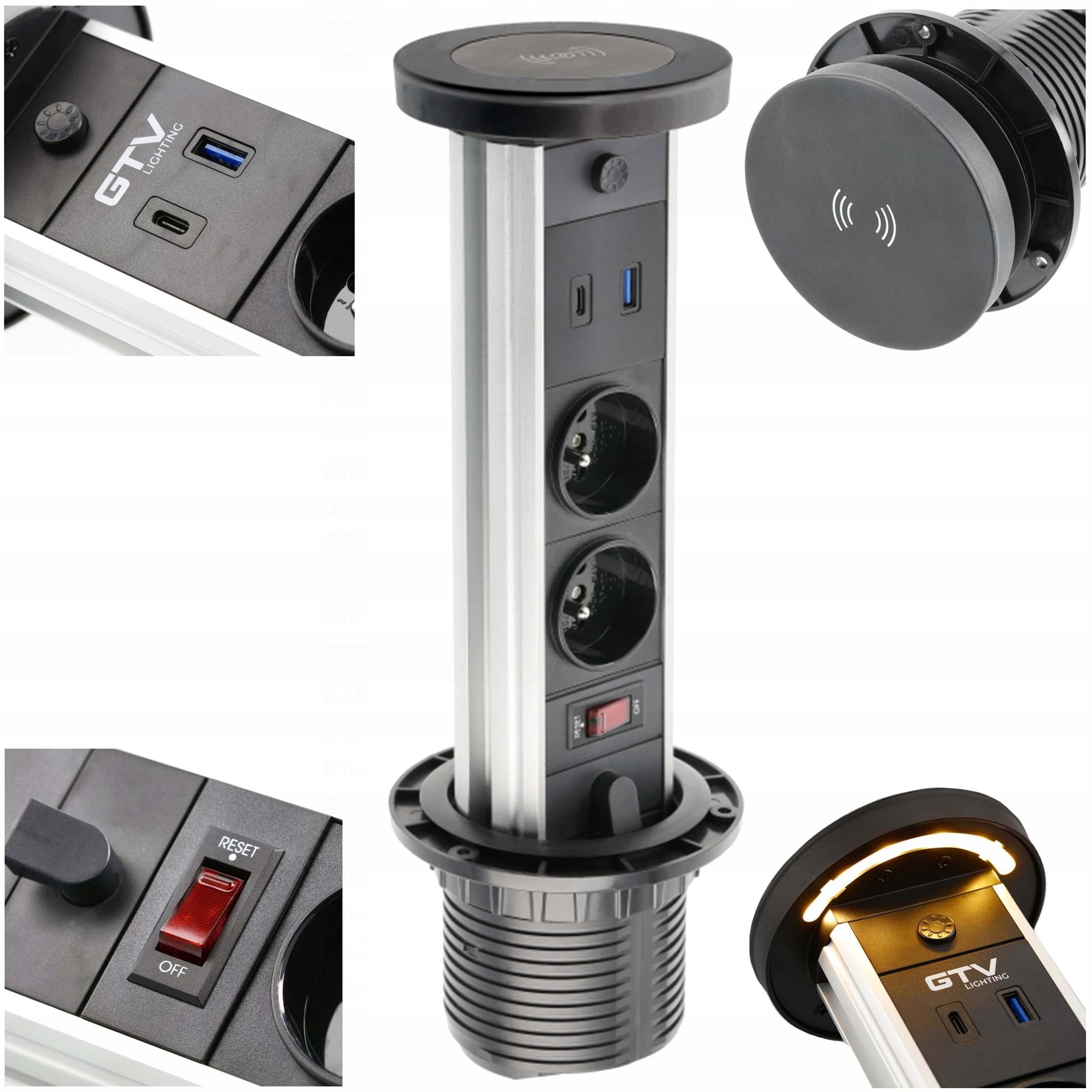 GTV CAMINO Przedłużacz Meblowy Blatowy Wpuszczany, 2 Gniazda French, USB A+C, Ładowanie Indukcyjne 10W, Czarny, Aluminium, 1.5m, 220-240V