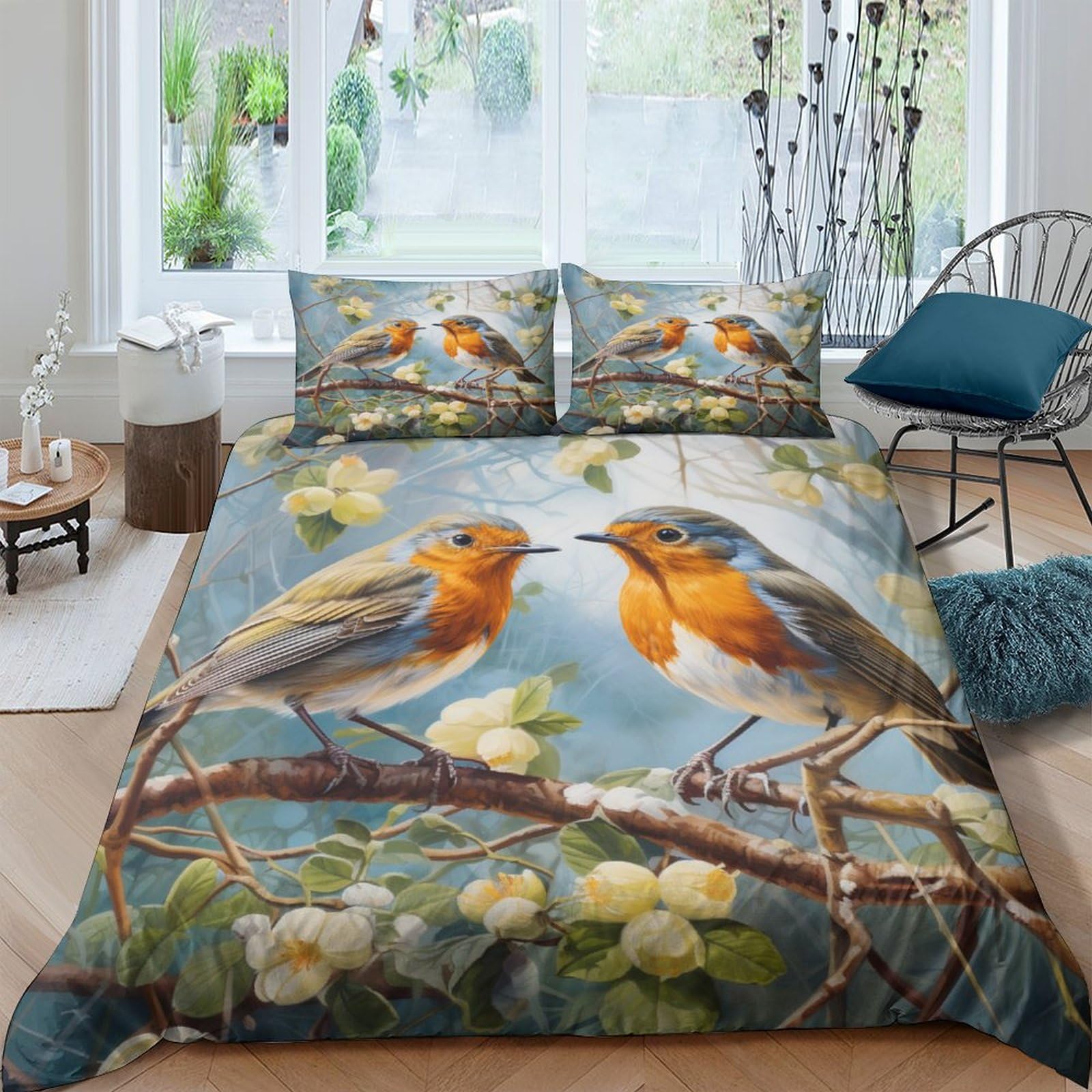 AAHARYA Robin Printed Bedding Set Duvet Cover Set 3d Printed Wildlife Bird Comforter Cover 3 Pieces For Kids Teens Boys Quilt Cover Double（200x200cm）