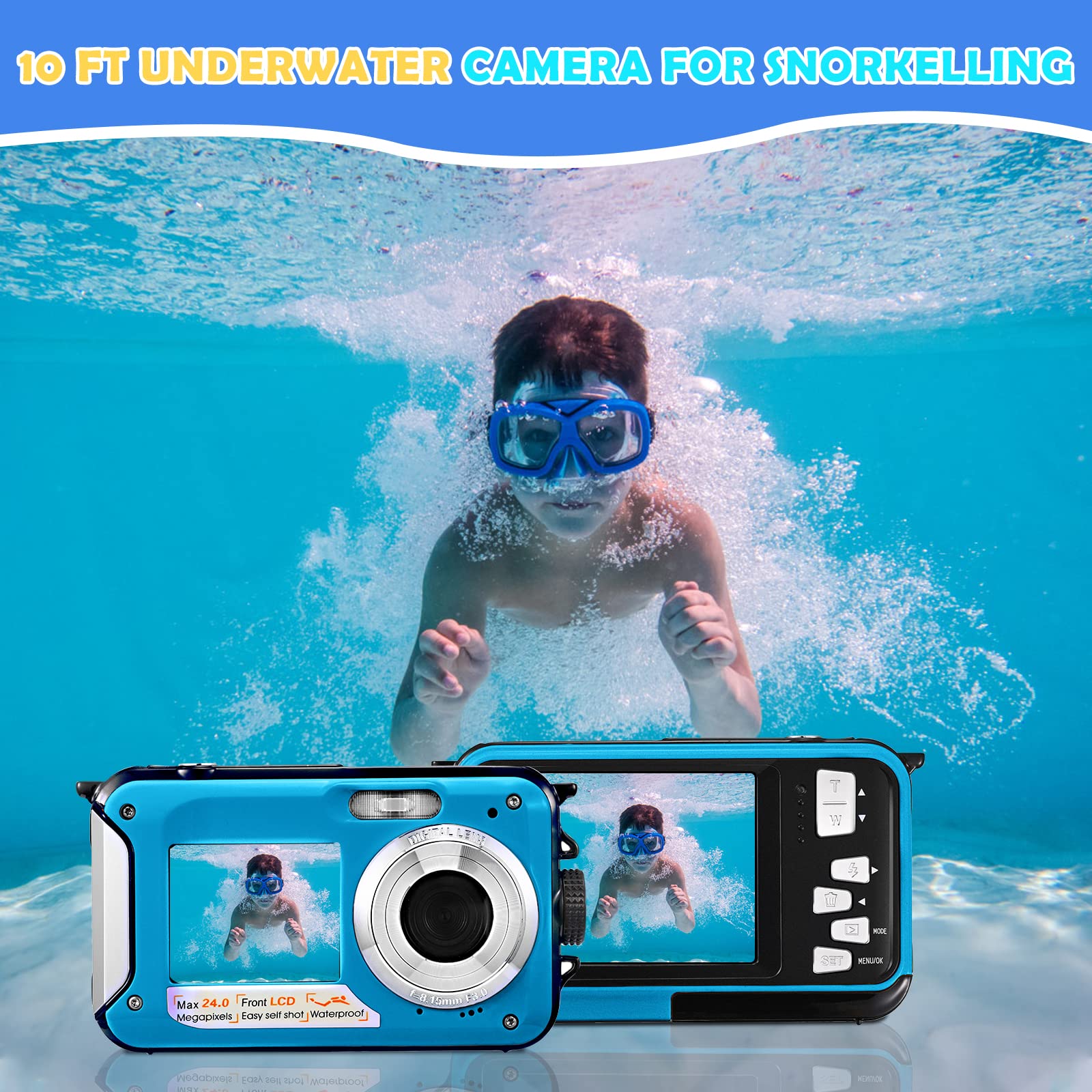 Underwater Camera Full HD 2.7K 48MP, Doppelbildschirm Anti-Shake mit LED-Mikrofon und 16 x Digital zoomSnorkelling Waterproof Digital Camera for Self-Timer Underwater, Swimming Blau