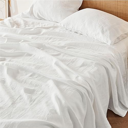 Bedsure Sábanas de cama tamaño King, juego de sábanas de algodón y lino, antipilling, ultrasuaves y transpirables, sábanas bajeras King con bolsillo