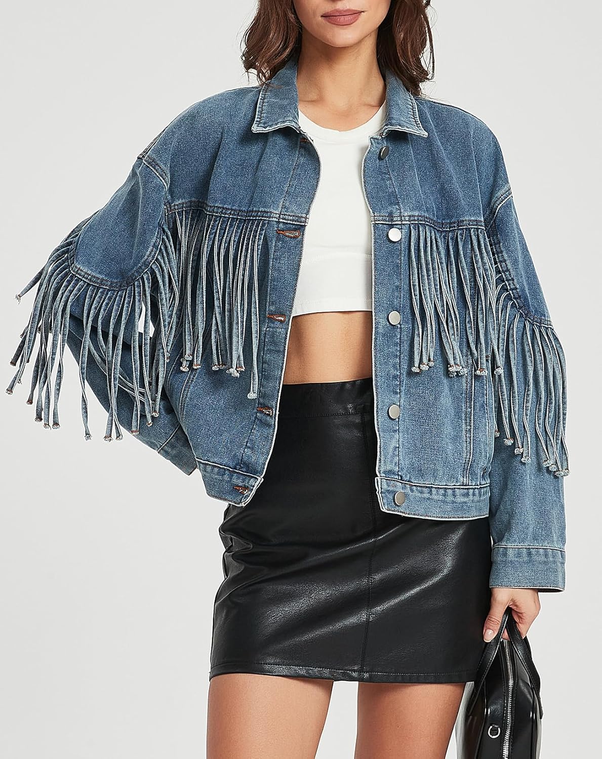 Ladyful Women's Oversized Fringed Denim Jacket Tassel Long Sleeve Jean Jacket 2026 Western Country Concert Outfits