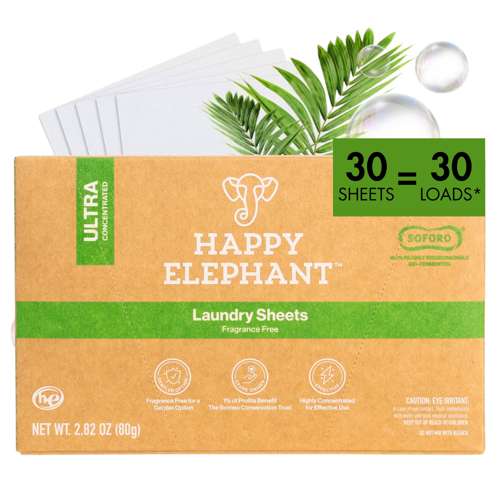 Happy Elephant Laundry Detergent Sheets, Fragrance Free, Natural Biodegradable Laundry Sheets, Travel Ready, Tough on Stains, Gentle on Skin,