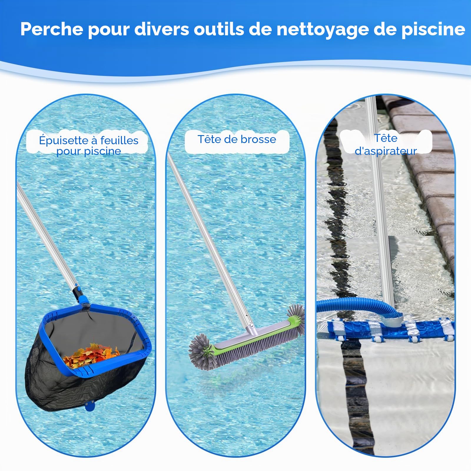 Perche Télescopique de Piscine en Aluminium 3 Pièces Réglable de 1,2 m à 3,06 m, Manche de Nettoyage Stable & Robuste (Épaisseur 1,2 mm) pour Épuisette de Skimmer, Brosse, Tête d'Aspiration