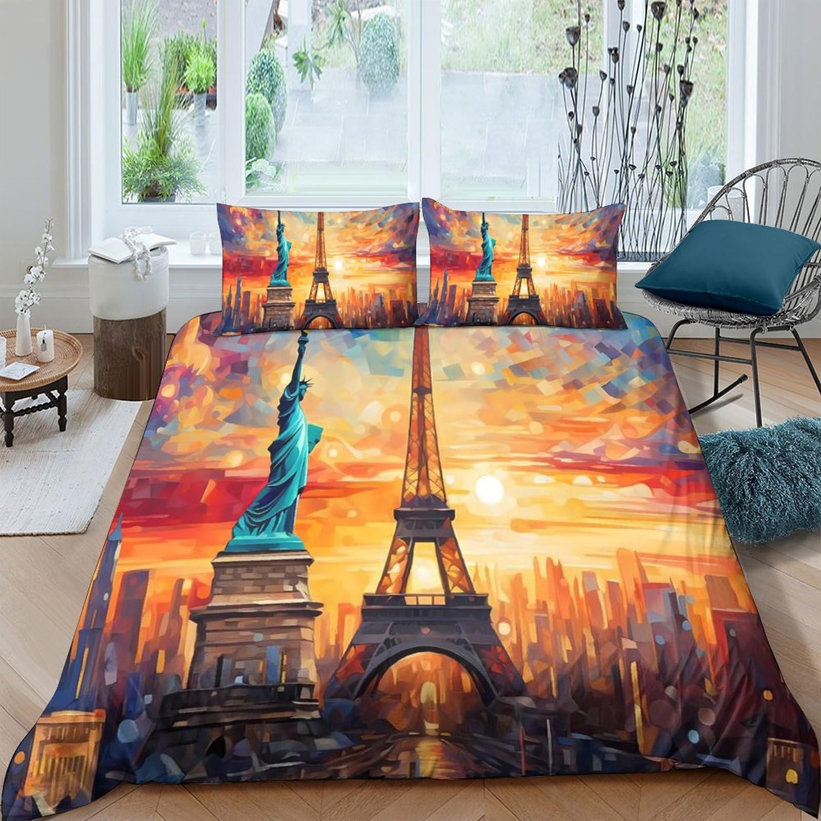 Ctjqhvkz Style-6 3D Printed Sunset Eiffel Tower Fitted Sheet Microfiber Soft Statue Of Liberty Bed Cover For Bedroom Guest Room Decor Single（135X200cm）