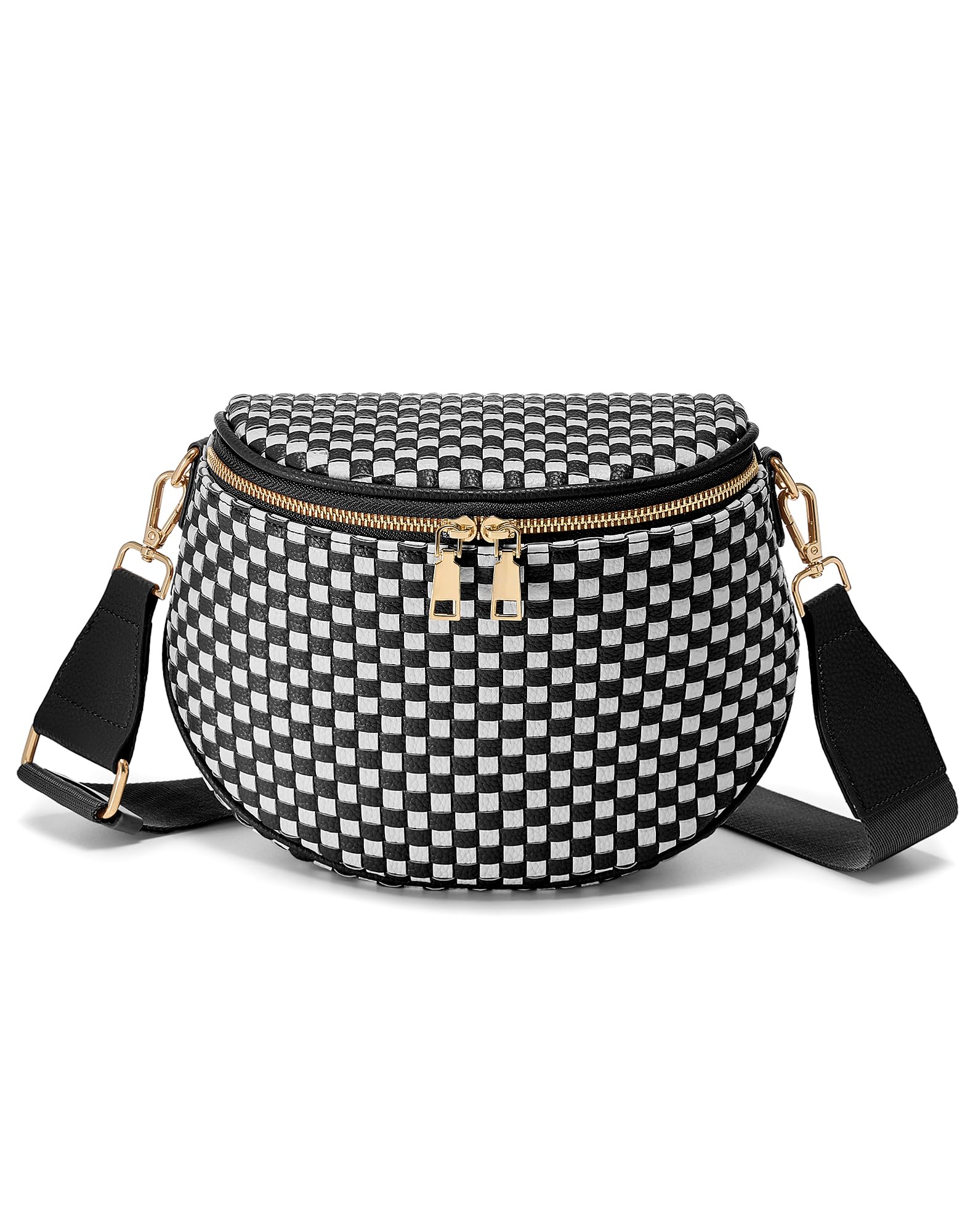Trendy Woven Checkered Crossbody Bum Bag for Women，PU Leather Checkered Purse Fanny Packs Belt Bag (Woven Bum Bag - Black)