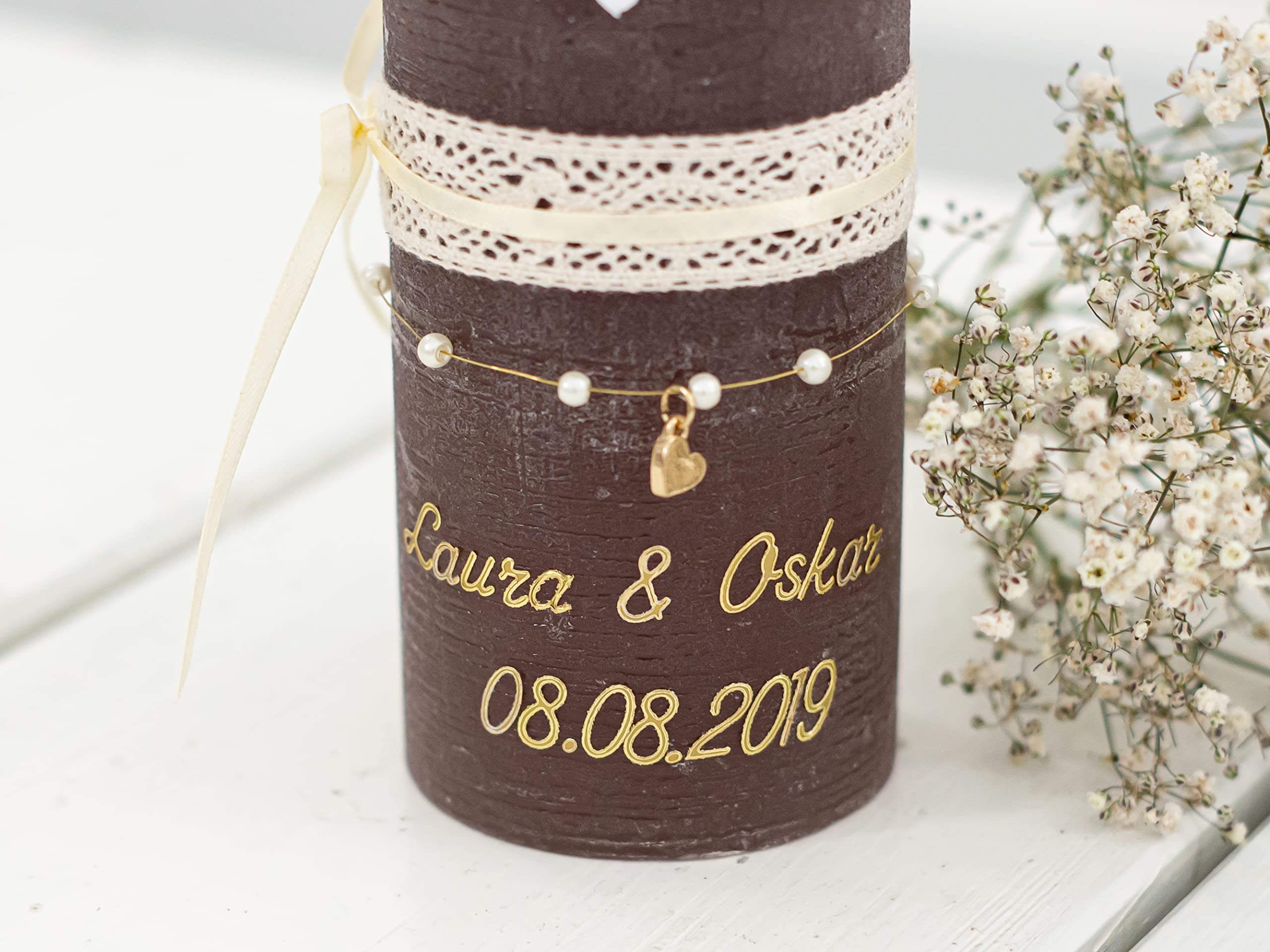 Hochzeitskerze Rustik Mallow Traukerze mit Namen und Datum, individuell, persönlich u. handgemacht 17217
