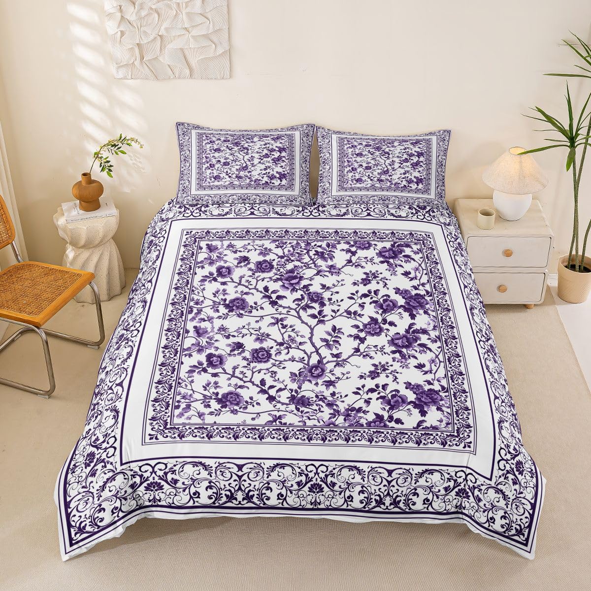 Homemissing Floral Duvet Cover Double Size Green Flowers Bedding Set for Boys Girls Botanical Floral Printed Comforter Cover Natural Theme Bedroom Decor 3Pcs