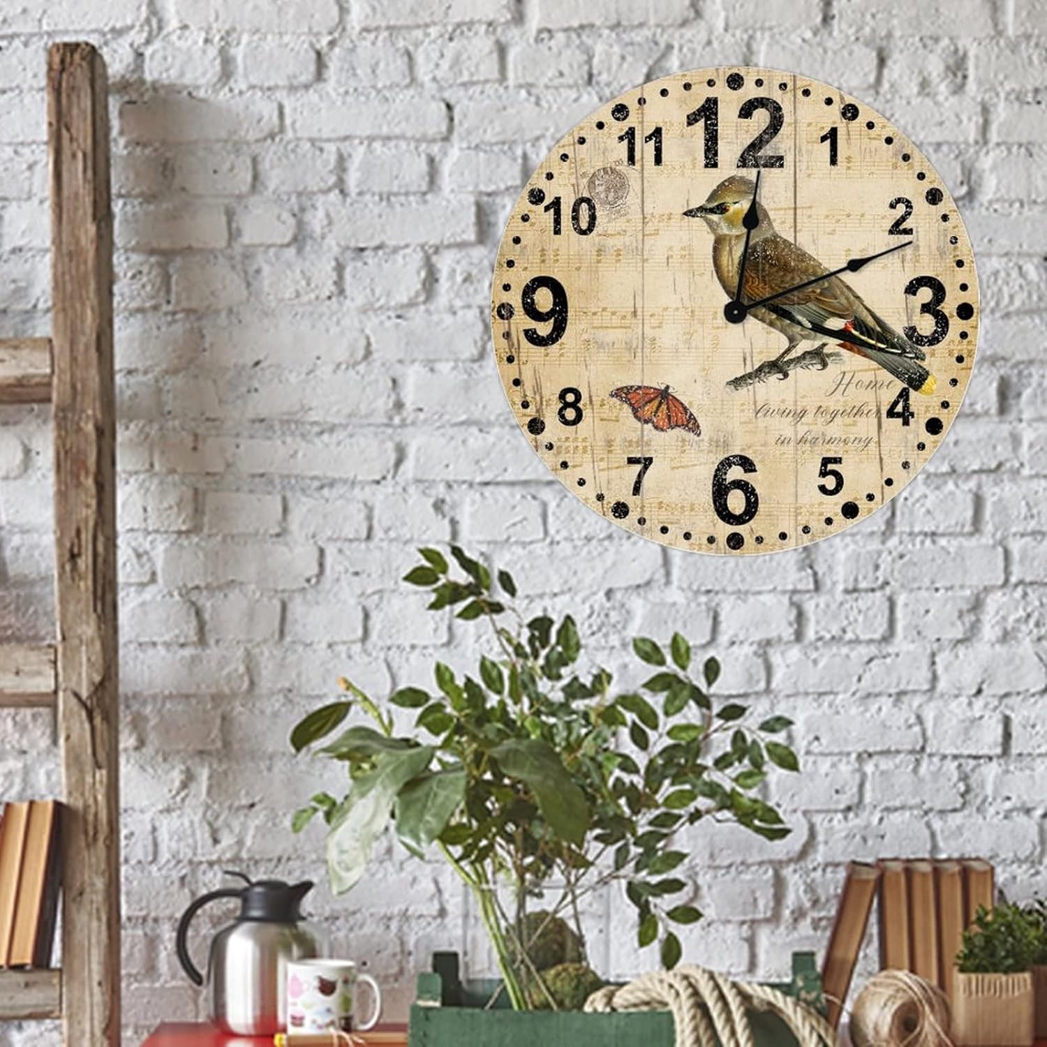 Vintage Bird Wall Clock Rustic 12 Inch Silent Battery Operated Round Decoration Quiet Classic Quartz Arabic Numerals Wall Art Clocks for Bedroom Farmhouse Kitchen Nursery Room