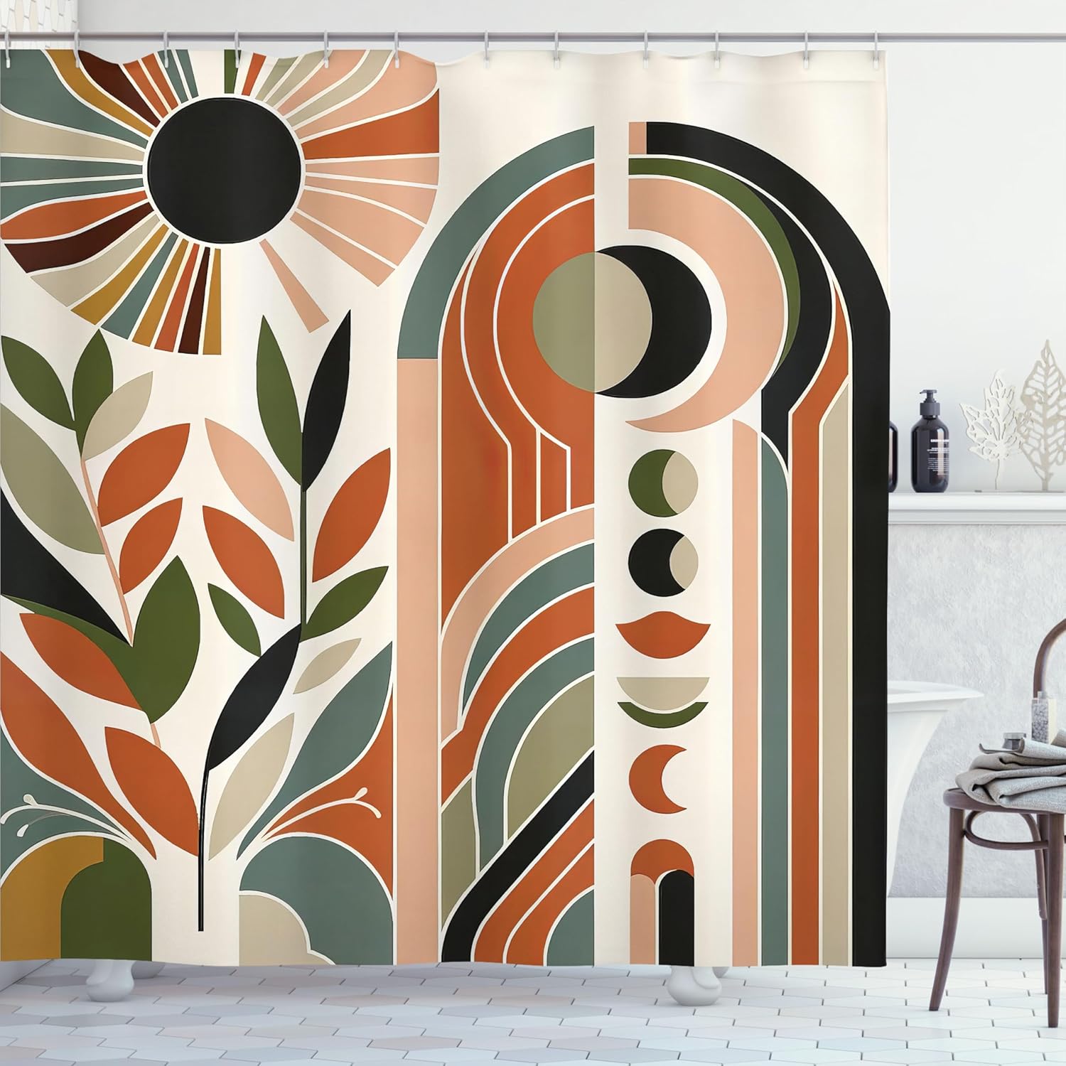 Ambesonne Monstera Shower Curtain, Mid Century Boho Style Abstract Art Nature Mystery Earthy Colors, Cloth Fabric Bathroom Decor Set with Hooks, 69" W x 84" L, Beige Green and Burnt Orange