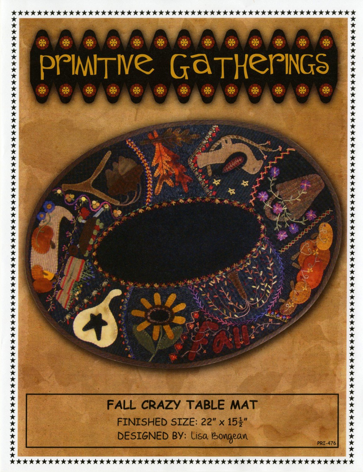 Fall Crazy Table Mat Wool Applique Pattern by Lisa Bongean from Primitive Gatherings 22" x 15.5" PRI-476