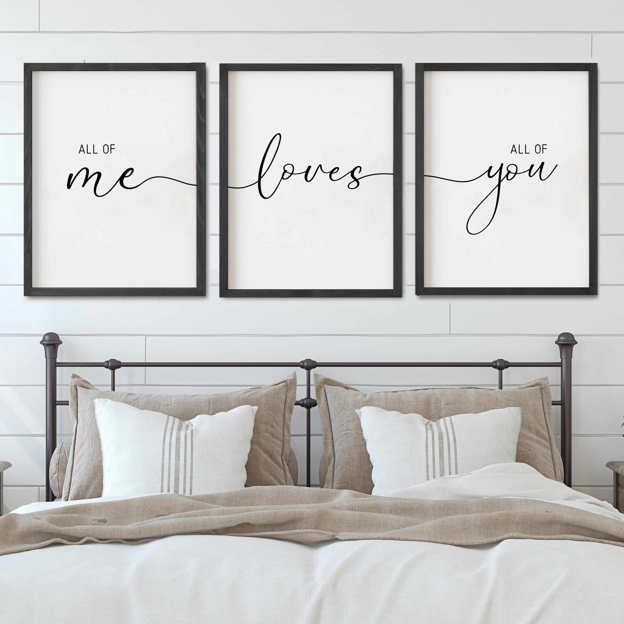 Set of 3 Framed Farmhouse All of Me Loves All of You Sign 11x14' Above Bed Wall Decor (11x14, Black)