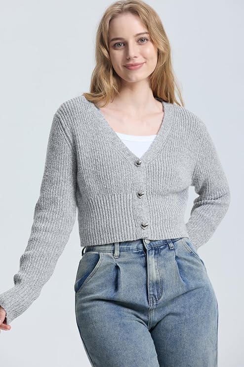 Balimtoy Cropped Cardigan Sweaters for Women Long Sleeve V Neck Knit Short Cardigan Button Up Sweater Trendy Fall Outfits