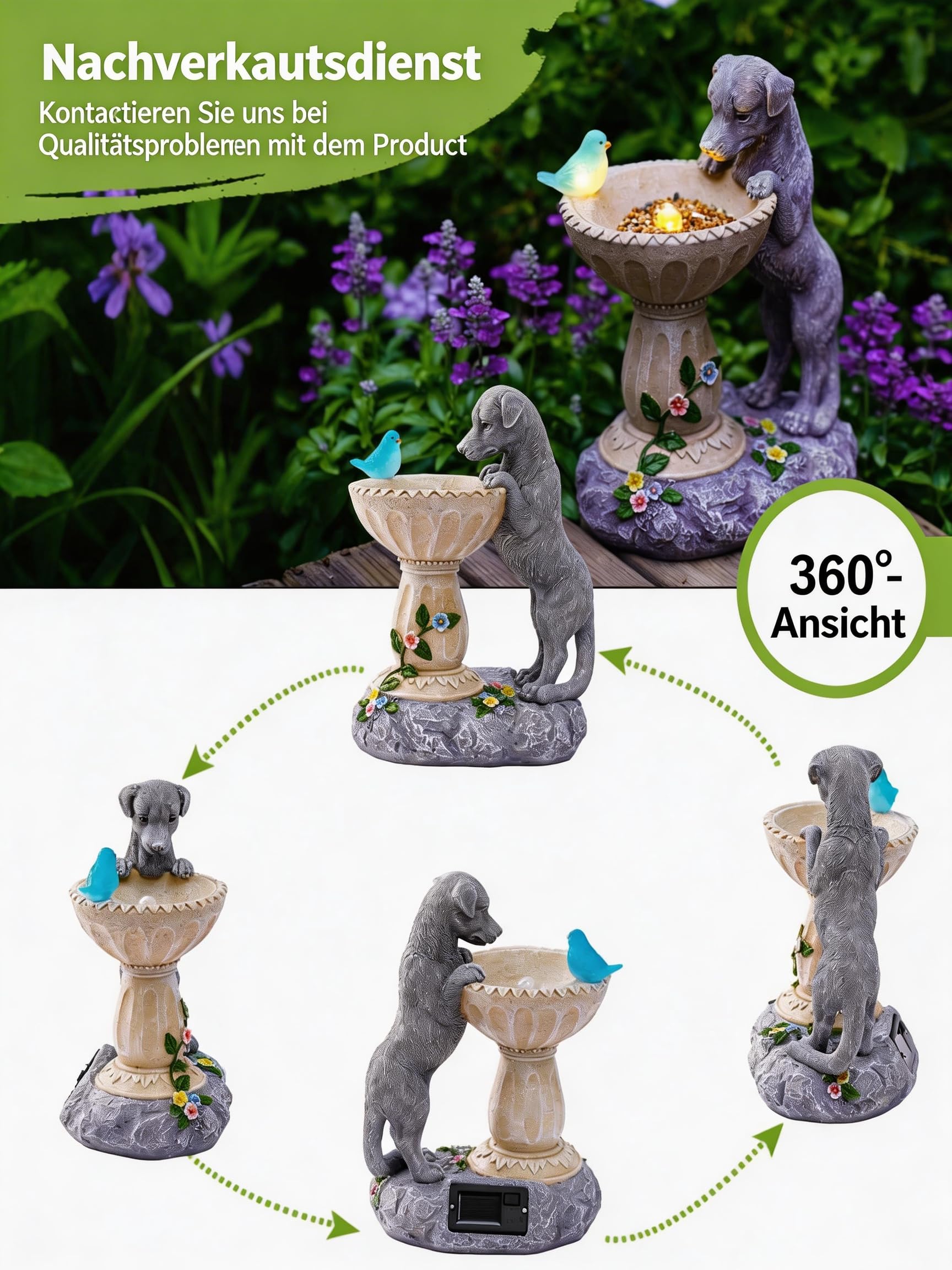 Solar Hund Figuren mit Solar Vogelleuchten Deko für Außen：Lustige Hunde Gartendeko Hundebesitzer Geschenk für Frauen Mama - Wasserdicht Deko für Garten Balkon Terrasse