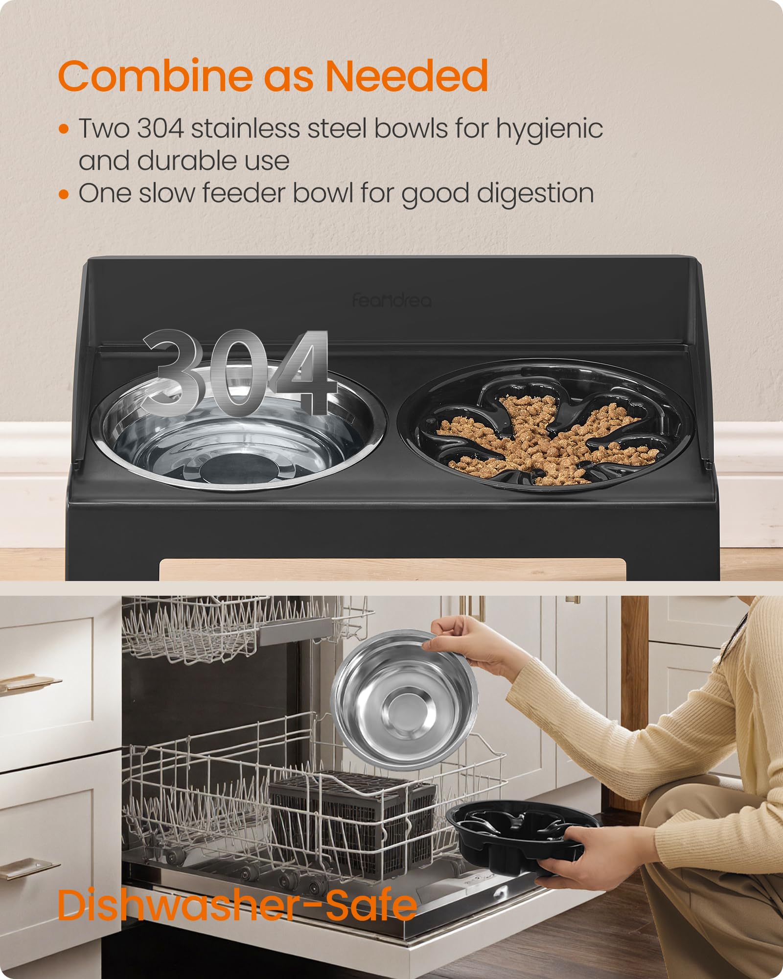 Feandrea Ciotole rialzate per cani con 1 alimentatore lento e due ciotole in acciaio inossidabile 304, altezza regolabile e design inclinato, colore nero inchiostro UPRB103B01