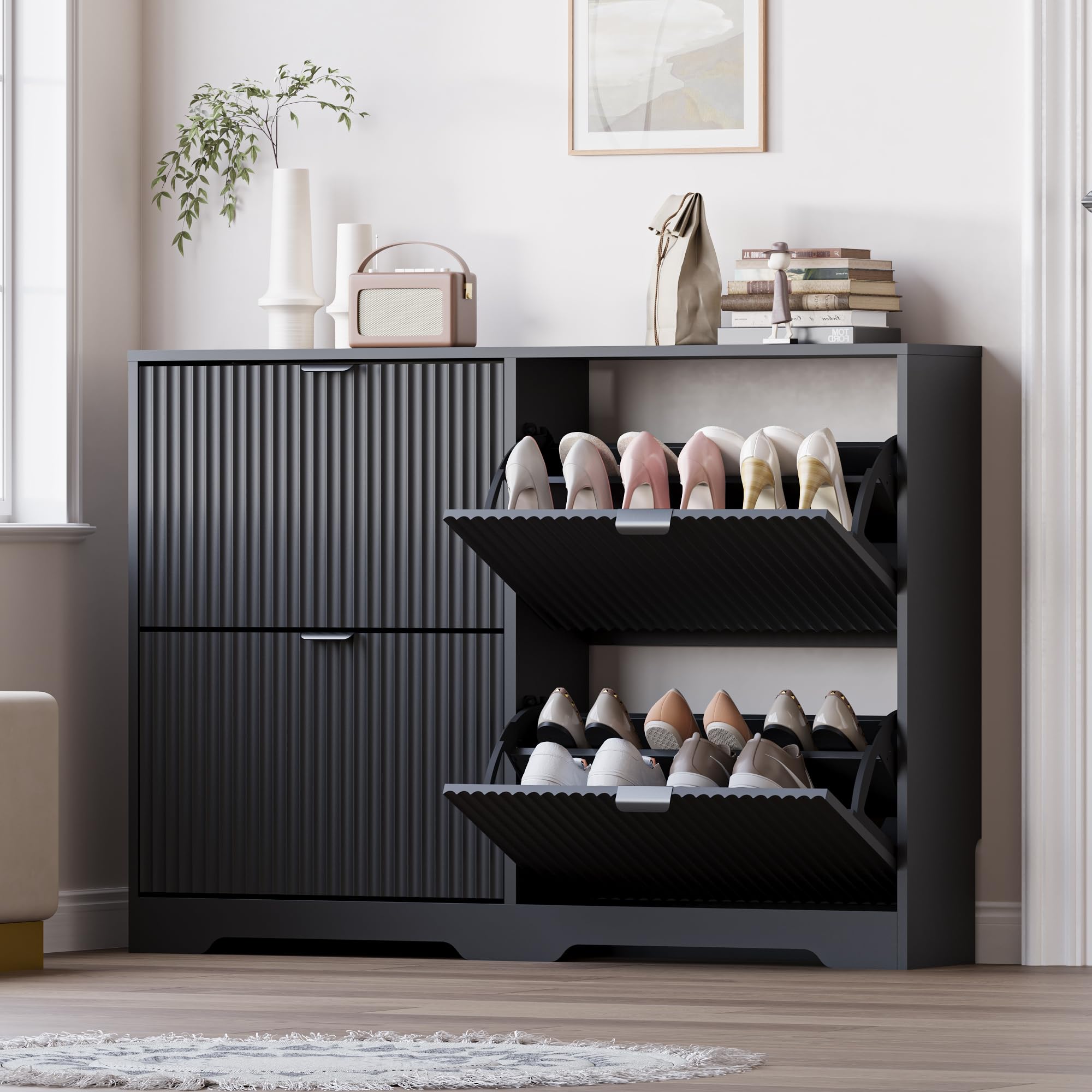 BORNOON Large Shoe Cabinet for Entryway, Shoe Rack Cabinet with 4 Flip Drawer and Adjustable Shelves for Small Apartment, Foyer