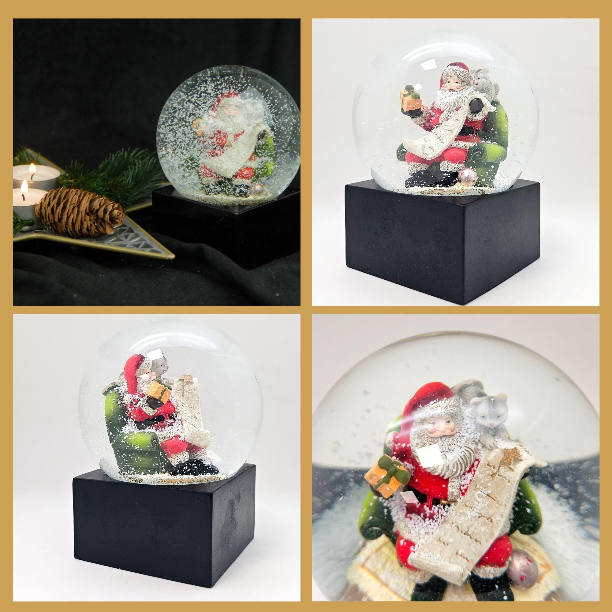 Bola de nieve de Navidad | Papá Noel con lista de regalos | sobre base negra | altura: 120 mm ancho: 100 mm | | espíritu navideño en la bola de agitación | 20225