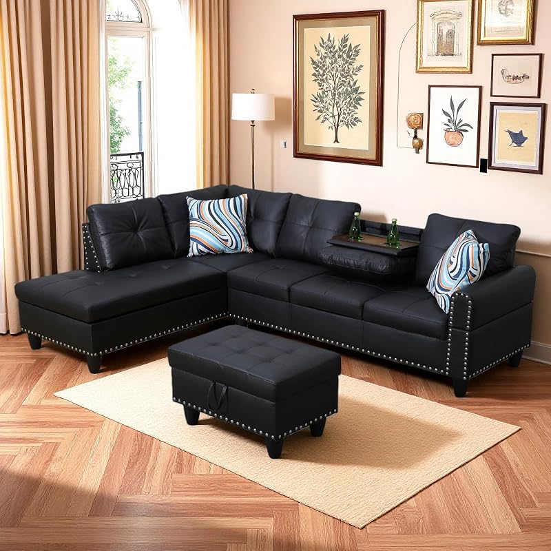 Trygoal Leather 3-Piece L-Shaped Couches for Living Room, Sectional Sofa with Storage Ottoman & Movable Chaise, Modular Convertible Couch for Bedroom & Apartment, Midnight Black image 3