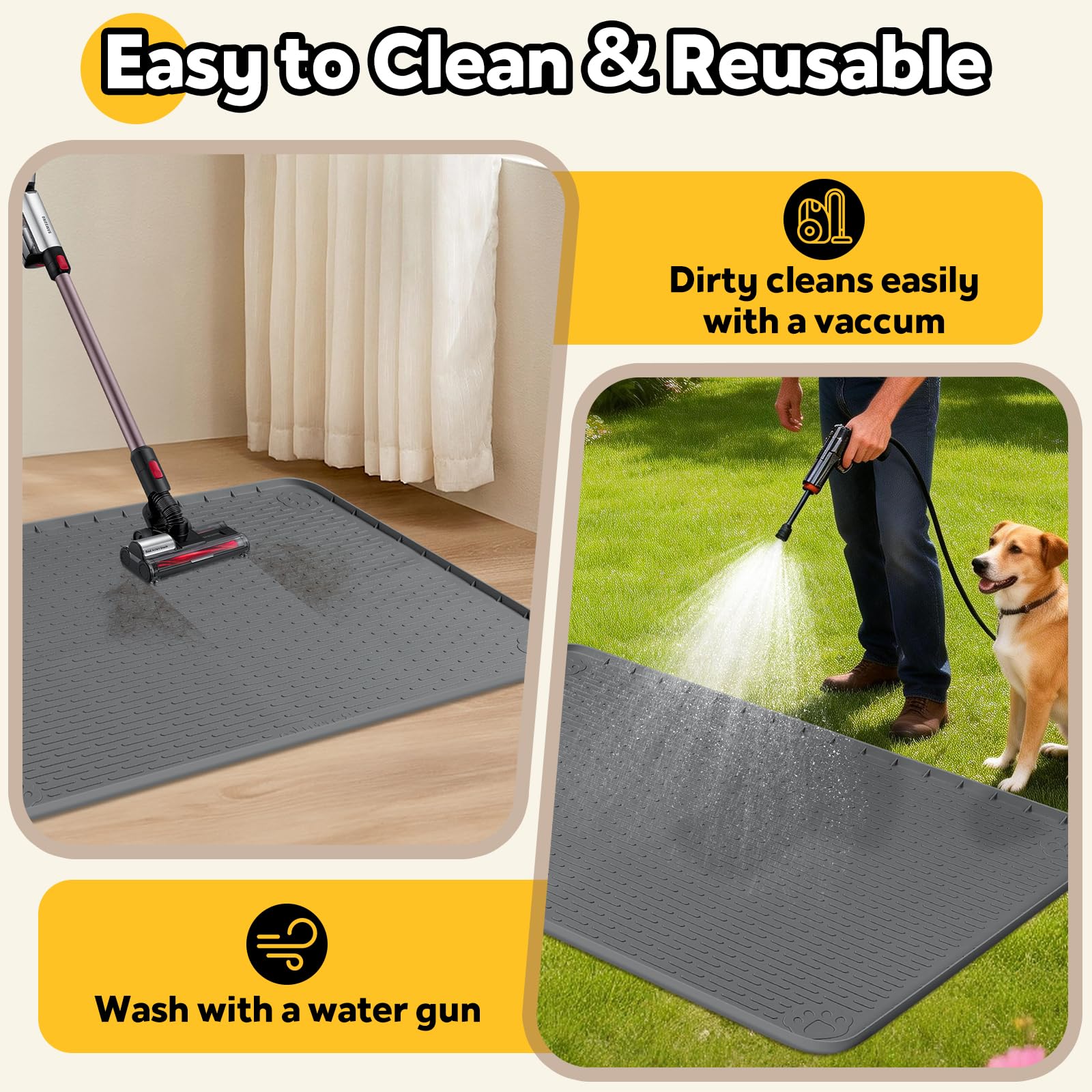 Tapis de boxe en silicone pour chien, tapis pour cages et chenil avec bord surélevé, tapis de lit pour chien, lavable, imperméable, anti-fuite, protège le sol (gris foncé, 132 x 88 cm)