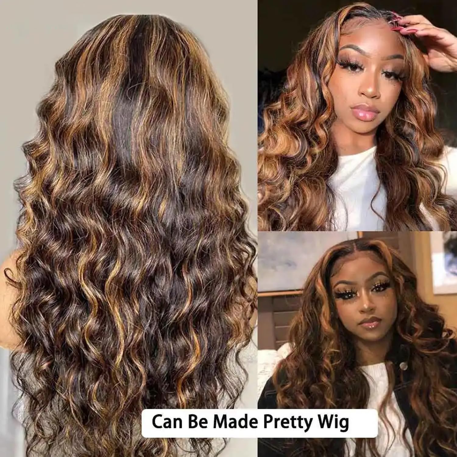 Highlight Brazilian Human Hair Bundles with Closure (12/14/16+12inch) Unprocessed Loose Deep Wave 3 Bundles Human Hair with 4x4 Swiss Lace Closure Pre Plucked, Ombre Honey Blonde Brown Curly Bundles