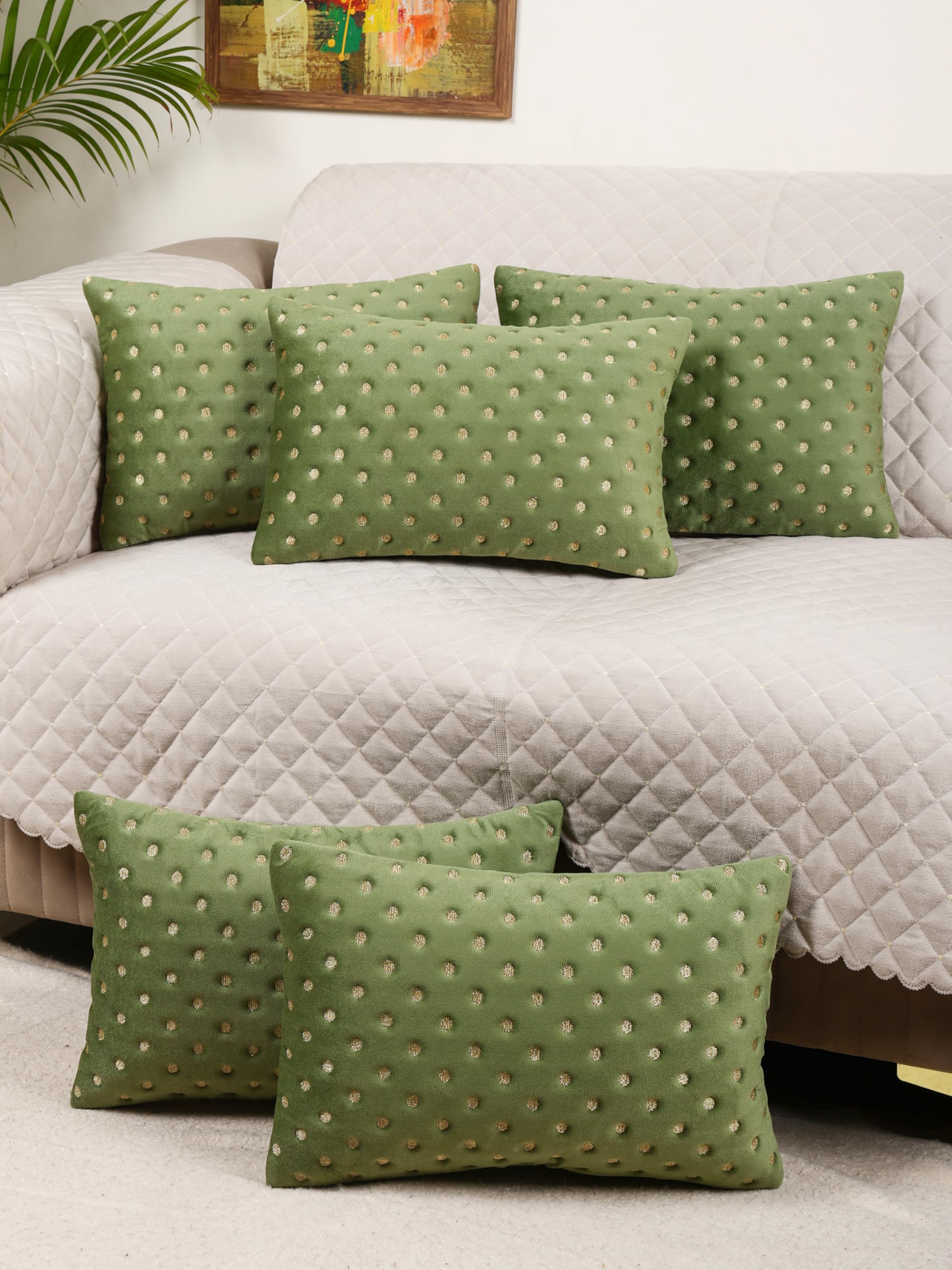 MONKDECOR Modern Dot Embroidered Design Velvet Rectangle Cushion Covers – Set of 2 (12x18 Inch) – Throw Pillow Covers for Sofa, Bed, or Accent Chairs, Green Color-picture-24