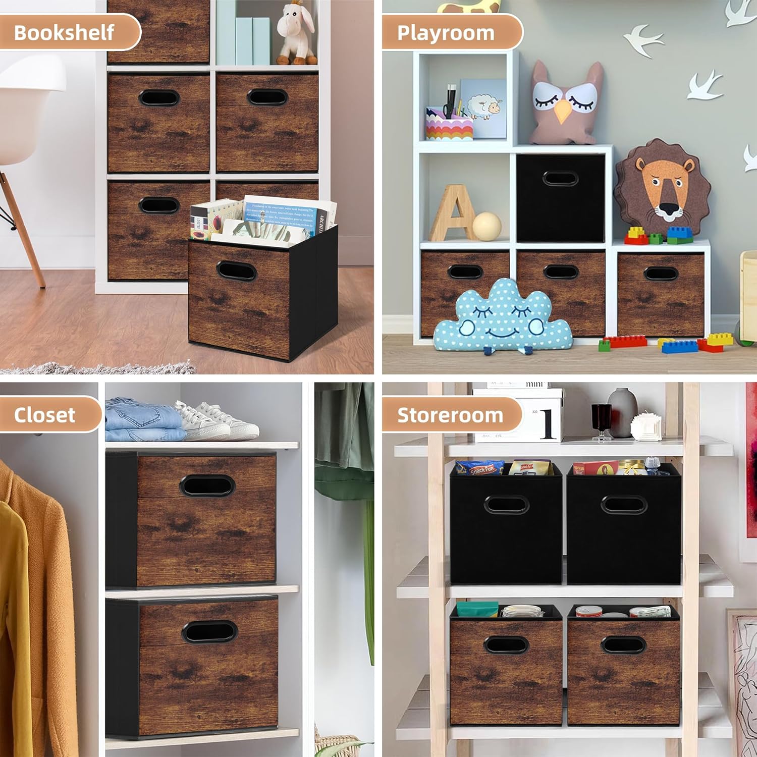 Fabric Storage Cubes, Collapsible Imitation Wood Organizer bins with 2 Handles - Set of 4, Fit Cube Storage Unit, for Clothes, Bedroom, Brown and Black (Large-12.6in x 12.6in x 12.6in-4 Pack)