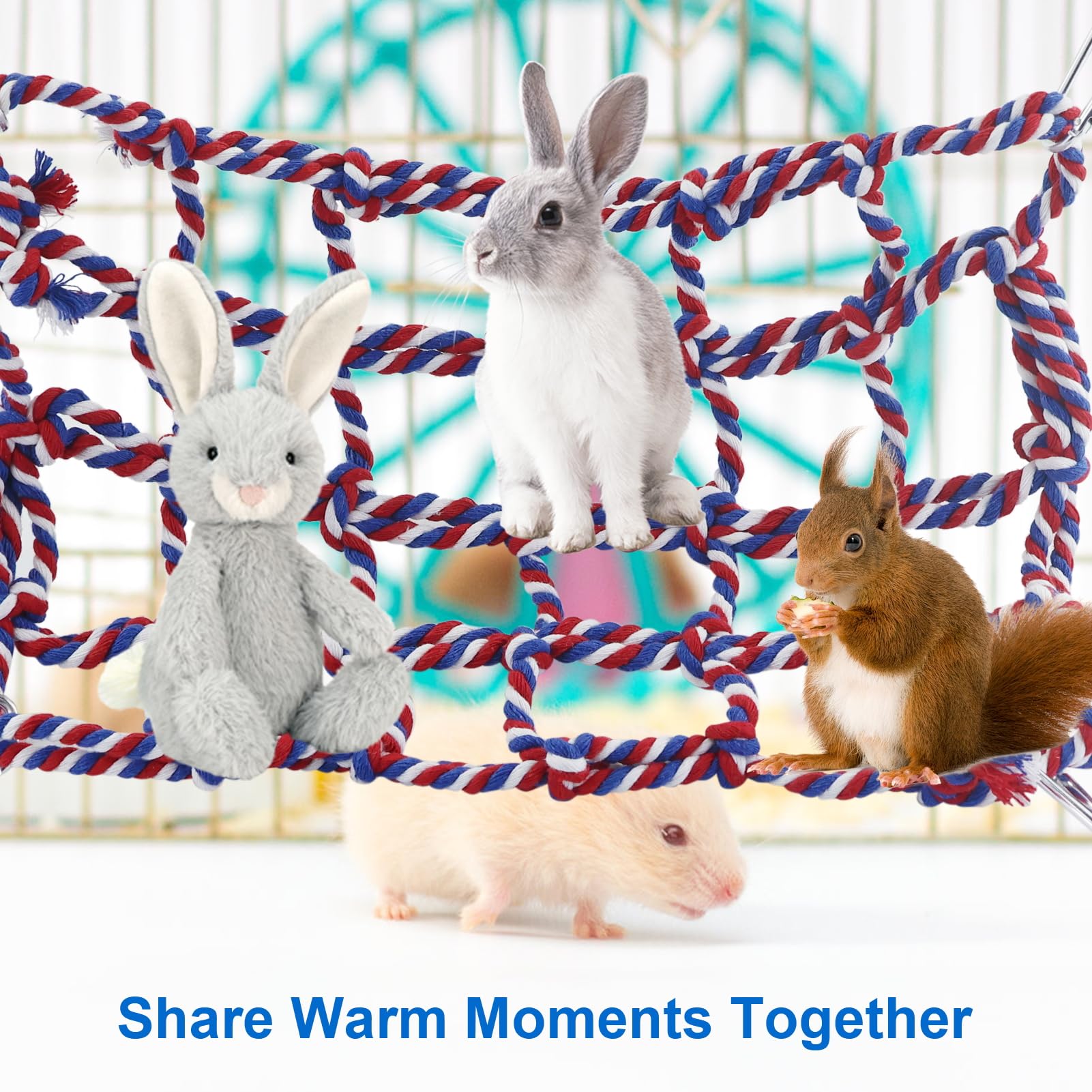 Buntes Rattenkäfig-Zubehör mit 8 Slackline, gewebtes Kletternetz, Haustier-Hängematte, Netz, Spielzeug, Hängemattennetz mit 4 Haken, Kleintierbedarf, Seilleiter für Papageien, Vögel, Hamster,
