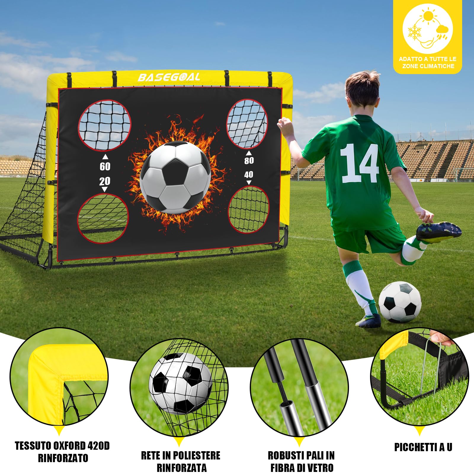 Porte da Calcio per Giardino, Porta da Calcio per 150x120cm, Porticine Da Calcio con Aste In Fibra di Vetro e Reti di Alta Qualità, Bullseye e Borsa per Giardino e Gioco per Interni - 2