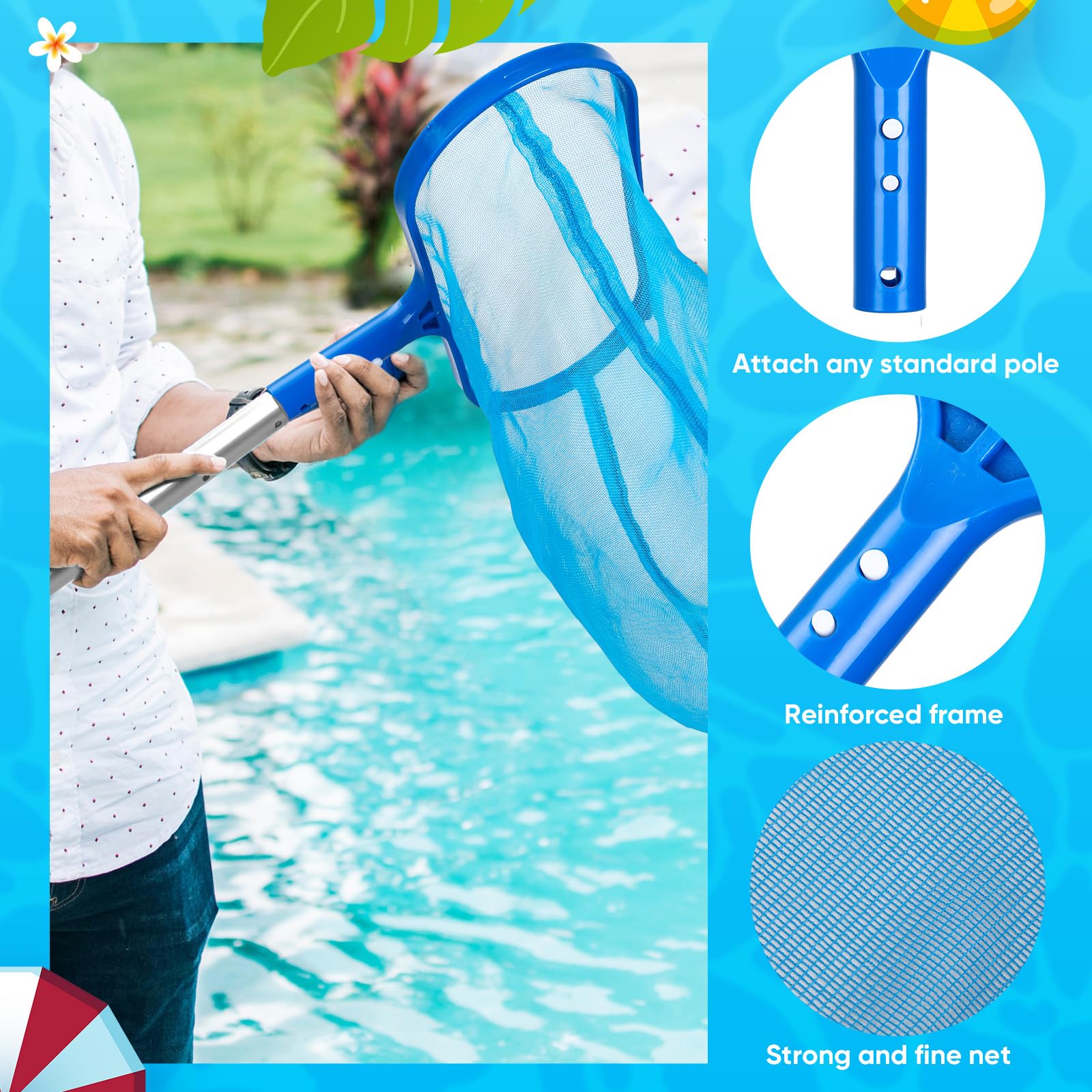 FillTouch Kit de limpieza de piscina de 7 piezas, cepillo de piscina con poste ajustable de aluminio de 5 pies para limpiar las paredes de la piscina, kit de limpieza ideal para piscina sobre el suelo