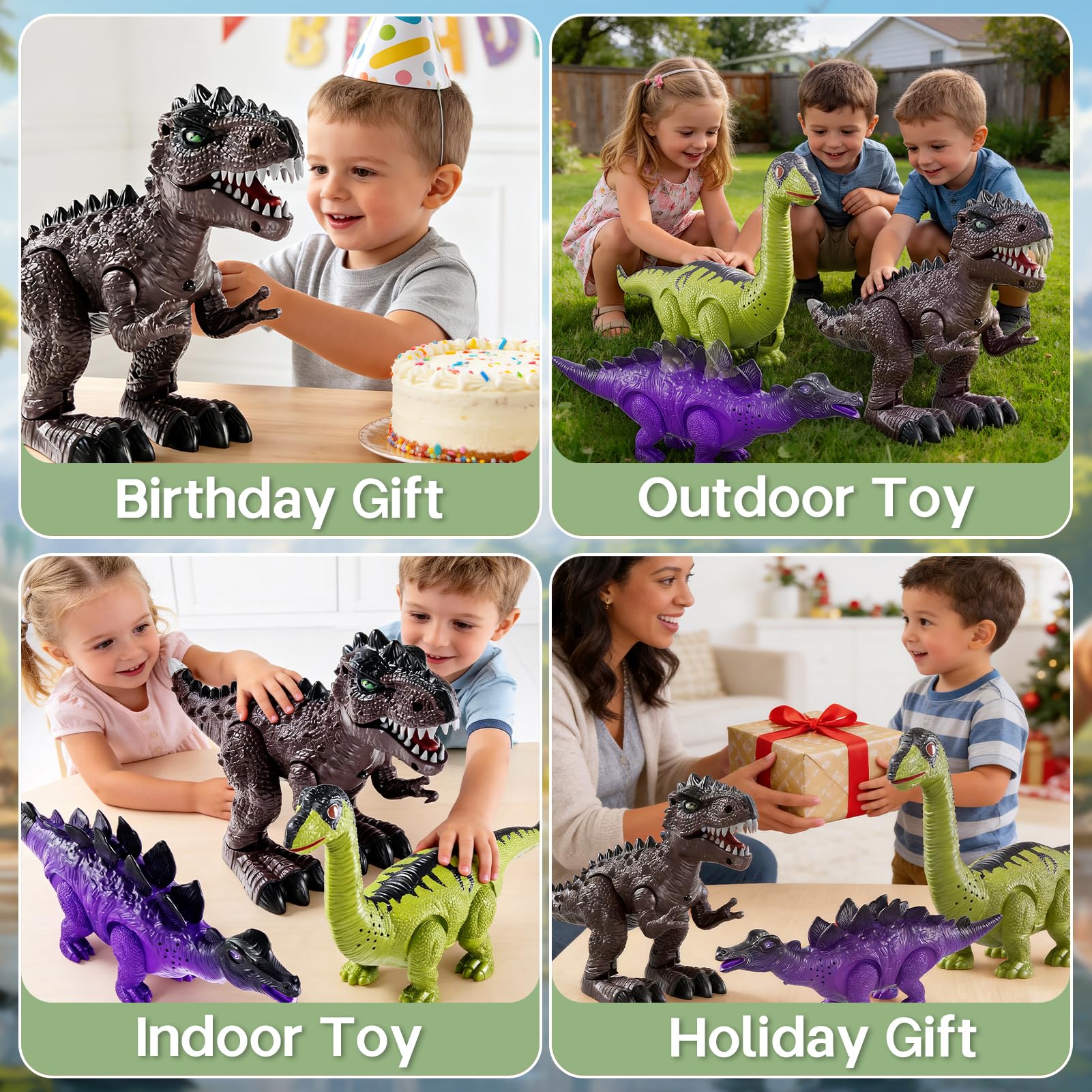 3 en 1 Juego de Dinosaurio Caminante Realista con Sonidos Naturales, 3 Figuras de Tyrannosaurus, Brachiosaurus, Triceratops, Regalo para Niños de 3+ Años.