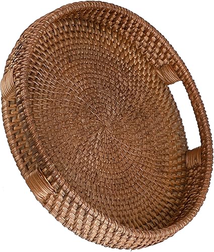 Miniatura 8 de Hipiwe Bandeja redonda de ratán con asas, bandeja decorativa tejida para mesa de café, pequeña bandeja otomana de mimbre para servir desayuno,