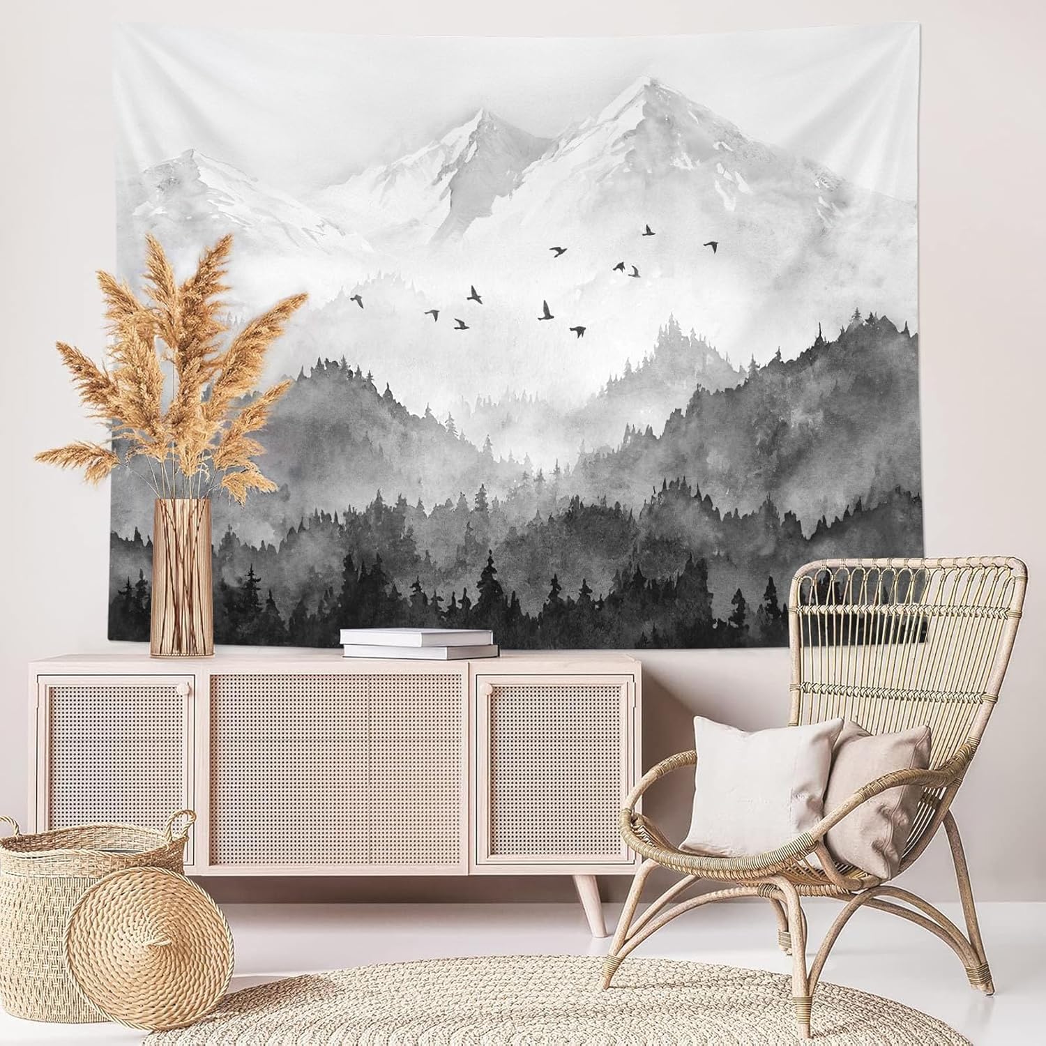 kampdream Mountain Forest Tapestry, Misty Foggy Black and White Tree Landscape Watercolor Art Wall Tapestries, Nature Scenery Tapestry for Bedroom Living Room Backdrop 60×80 inch