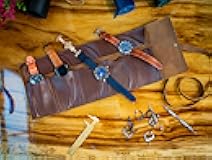 OleksynPrannyk Leather Watch Roll Travel Jewelry Organizer Handmade Watch Storage Case Protective Watch Holder with Closing Strap (Dark Chocolate)