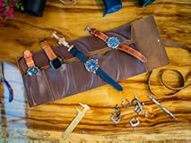 OleksynPrannyk Leather Watch Roll Travel Jewelry Organizer Handmade Watch Storage Case Protective Watch Holder with Closing Strap &lpar;Dark Chocolate&rpar;