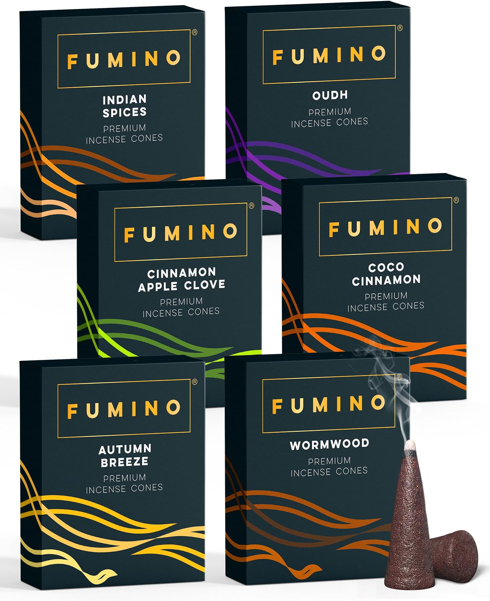 Incense Cones Fumino Fresh Multipack Fireside & Frost Bundle 6 Boxes 90 Pieces Masala Agarbatti Joss Fragrance for Relaxation and Meditation, Home and House Decor Scent