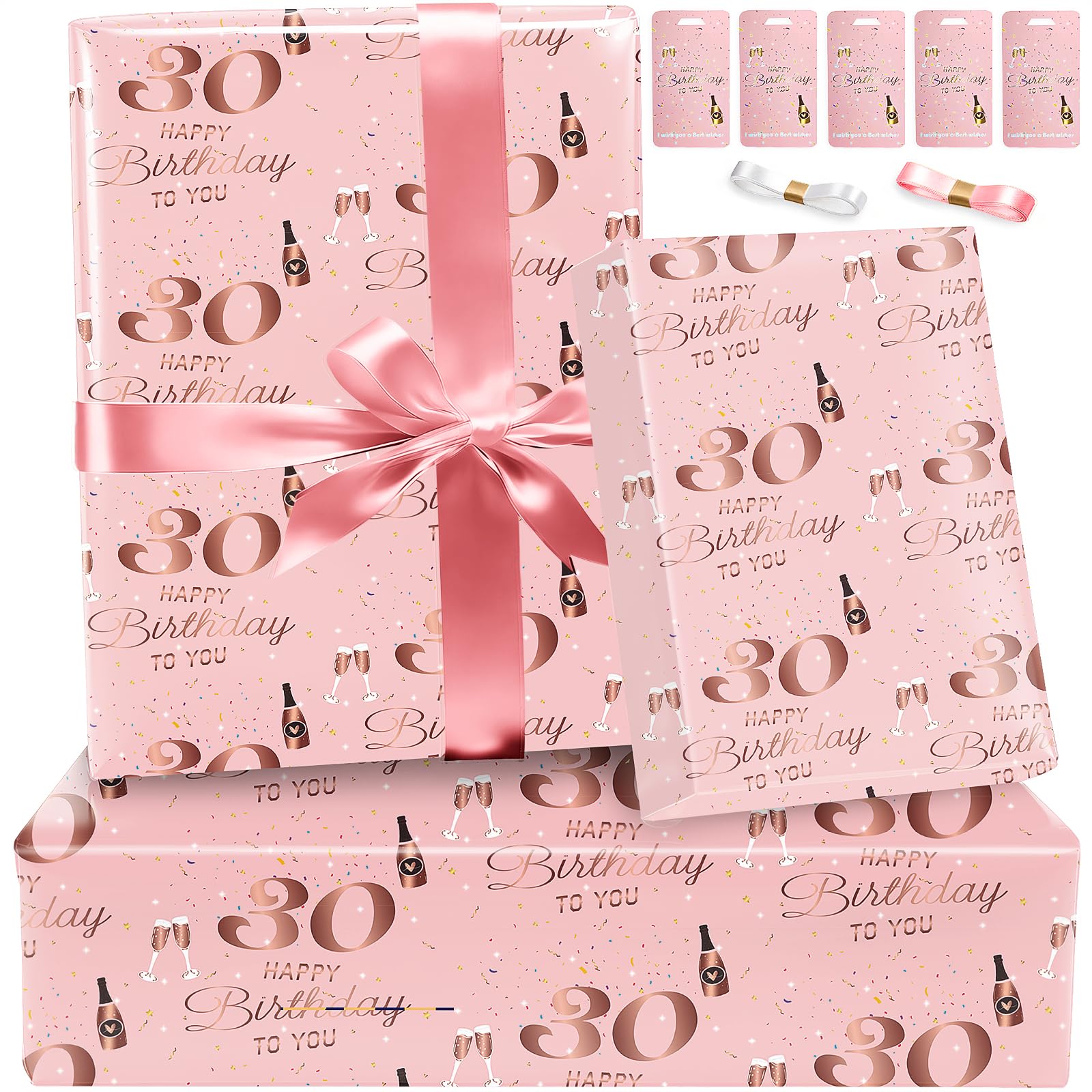 30th Birthday Wrapping Paper Set and Ribbon Tag,Rose Gold Gift Wrap Birthday Paper for Women Female Ladies,Recyclable Eco Gift Wrapping Paper Elegant Present Paper for Birhtday Gift,Rose Gold โ image 1