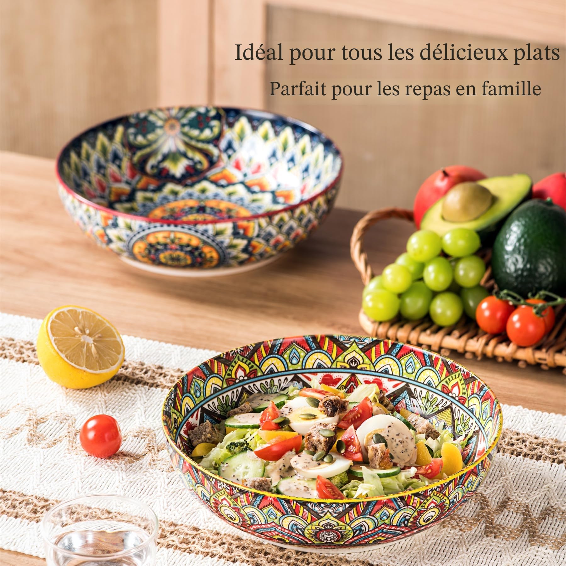 Henten Home Assiettes Creuses, Bols à Pâtes, Assiettes à Pâtes Colorées 1500 ml, Saladiers/Grands Bols pour Pâtes/Salad/Soup - Style Bohème