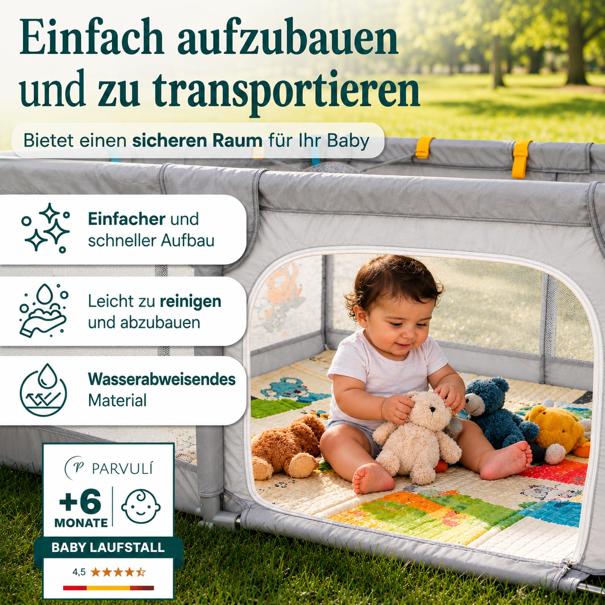 PARVULI Laufstall Baby 120x120 cm cm mit gepolsterter Spielmatte faltbar Laufgitter für Zuhause aus stabilem Eisen atmungsaktives Mesh - Tiere