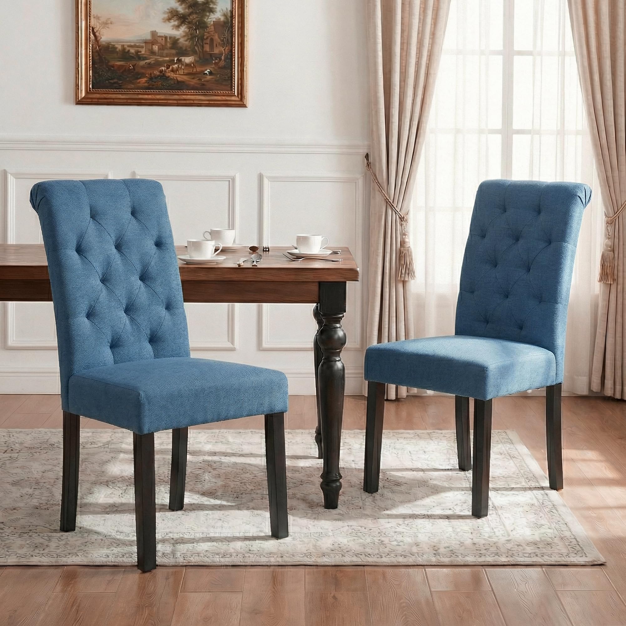 LSSBOUGHT Upholstered Dining Chairs Set of 2,Tufted Parsons Kitchen Chair with Solid Wood Legs, Modern Towel Fabric Side Chair for Dining Room/