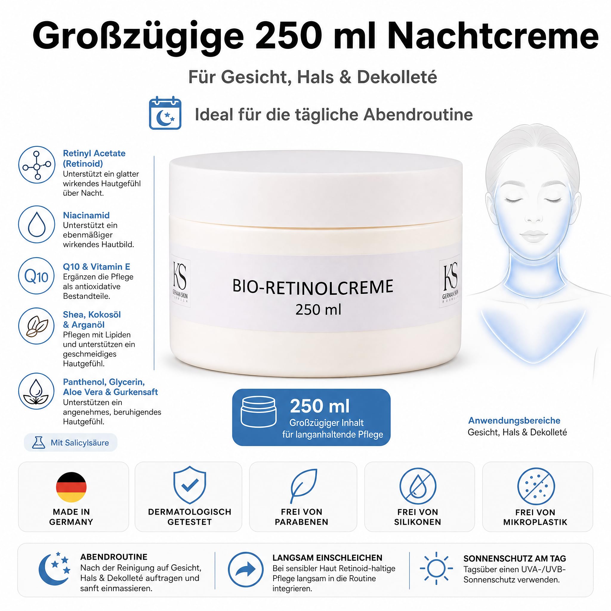 KS Beauty Bio Retinol Creme Nachtcreme, 250 ml, Anti-Aging | Reichhaltige Nachtpflege mit Retinyl Acetate, Niacinamid & Q10 – für Gesicht, Hals und Dekolleté