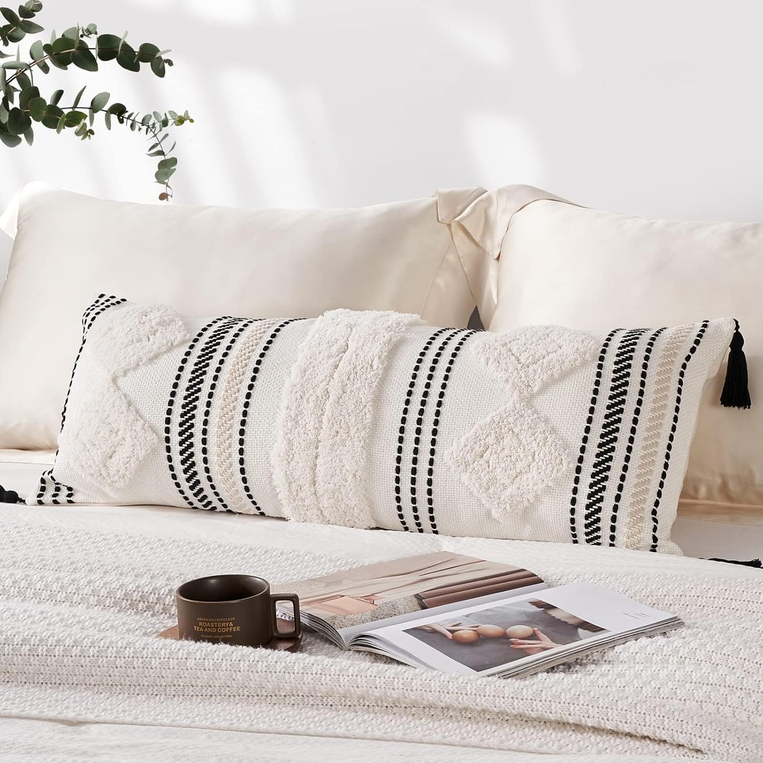 CladuSoft Boho Decorative Lumbar Pillow Cover 14x36, Neutral Woven