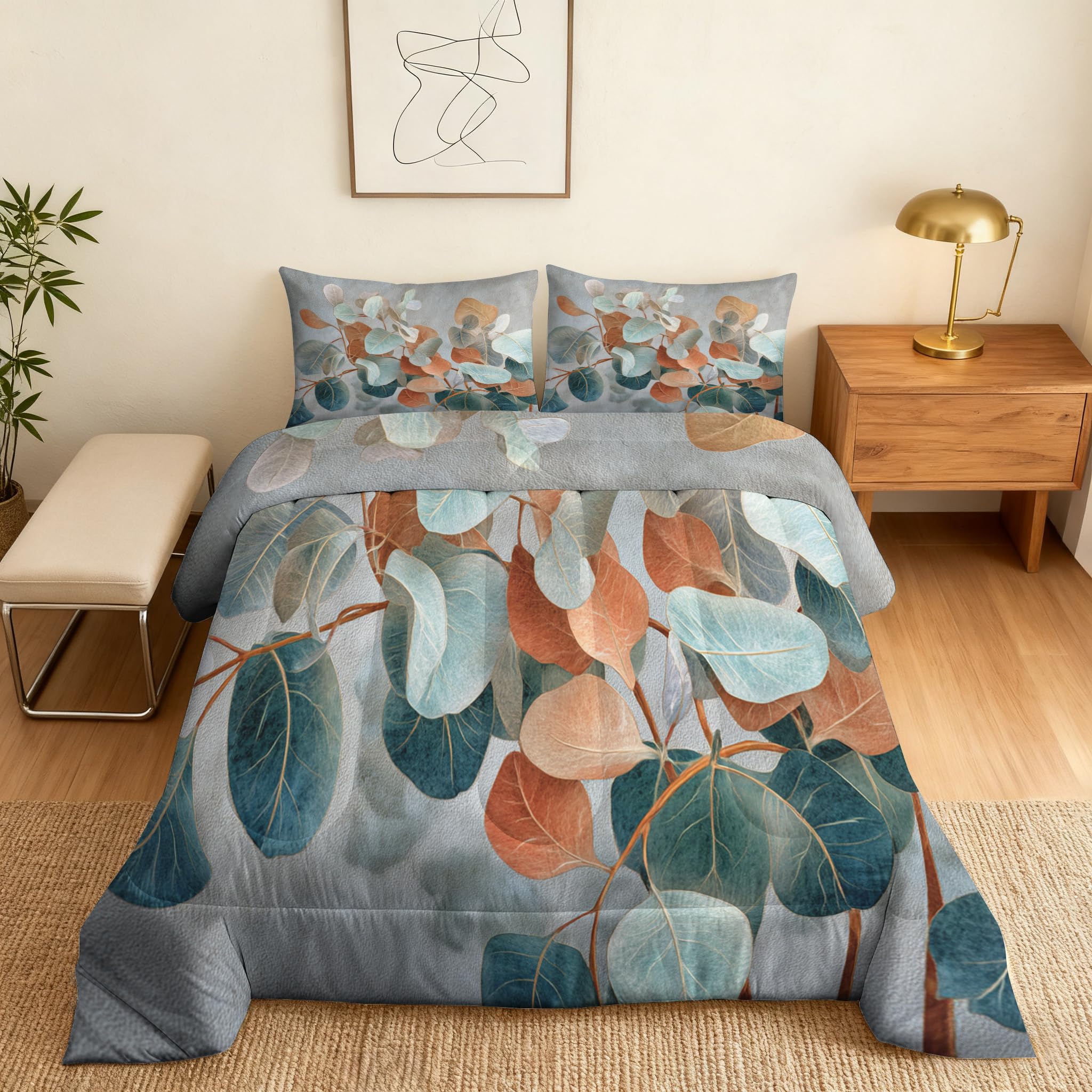 Generisch Blätter Bettdecke 135x200 4 Jahreszeiten, Ohne Bezug, 1 Kissenbezug 80x80, Pflanzen Eukalyptus Blatt Motiv Wende Steppdecke, Schlafzimmer Deko, Geschenke, Superweich - SE2679
