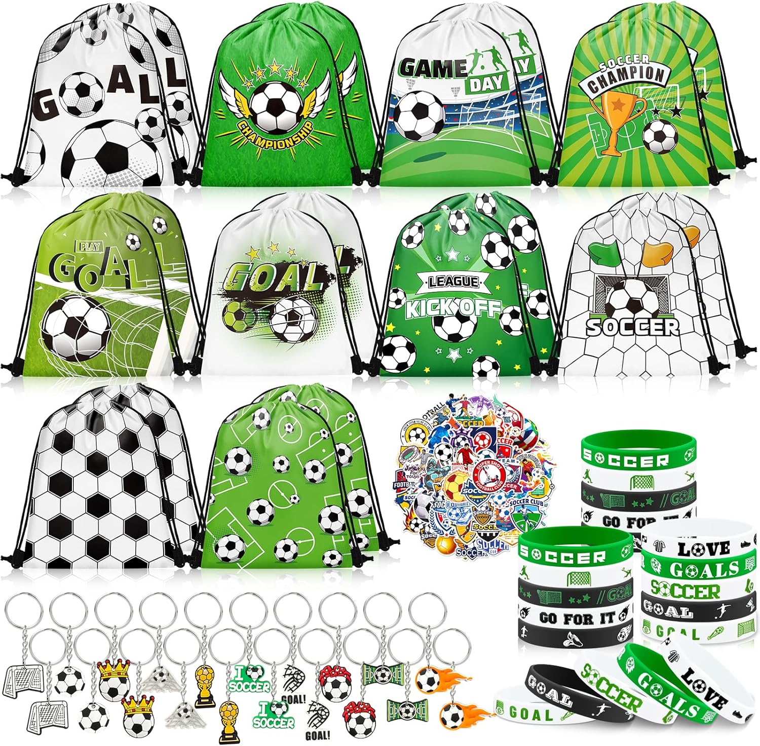 110 Pcs Soccer Party Favors Drawstring Bags with Keychains Silicone Bracelets Stickers Soccer Goodie Bags Gift Bags for Sports Birthday Party Supplies Soccer Themed