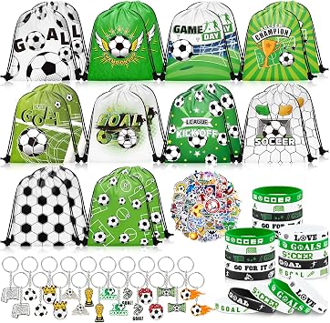 Grneric 110 Pcs Soccer Party Favors Drawstring Bags with Keychains Silicone Bracelets Stickers Soccer Goodie Bags Gift Bags for Sports Birthday Party Supplies Soccer Themed