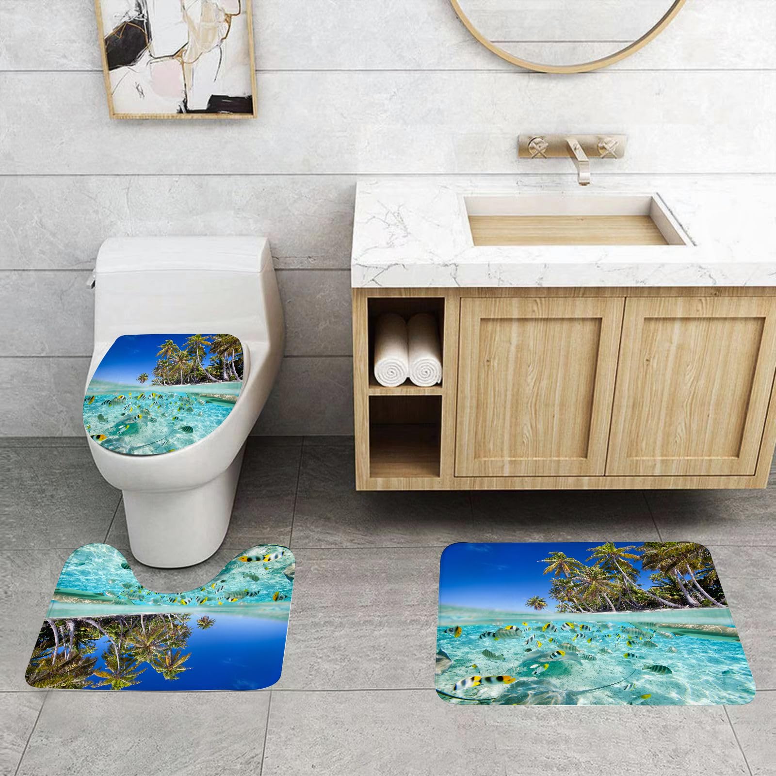 Set di 3 tappetini da Bagno, Lavabili in Lavatrice e Antiscivolo, tappetini in Morbida Fibra Superfine, Tropicale, Isola esotica sopra e sotto la Superficie, Costa incontaminata e