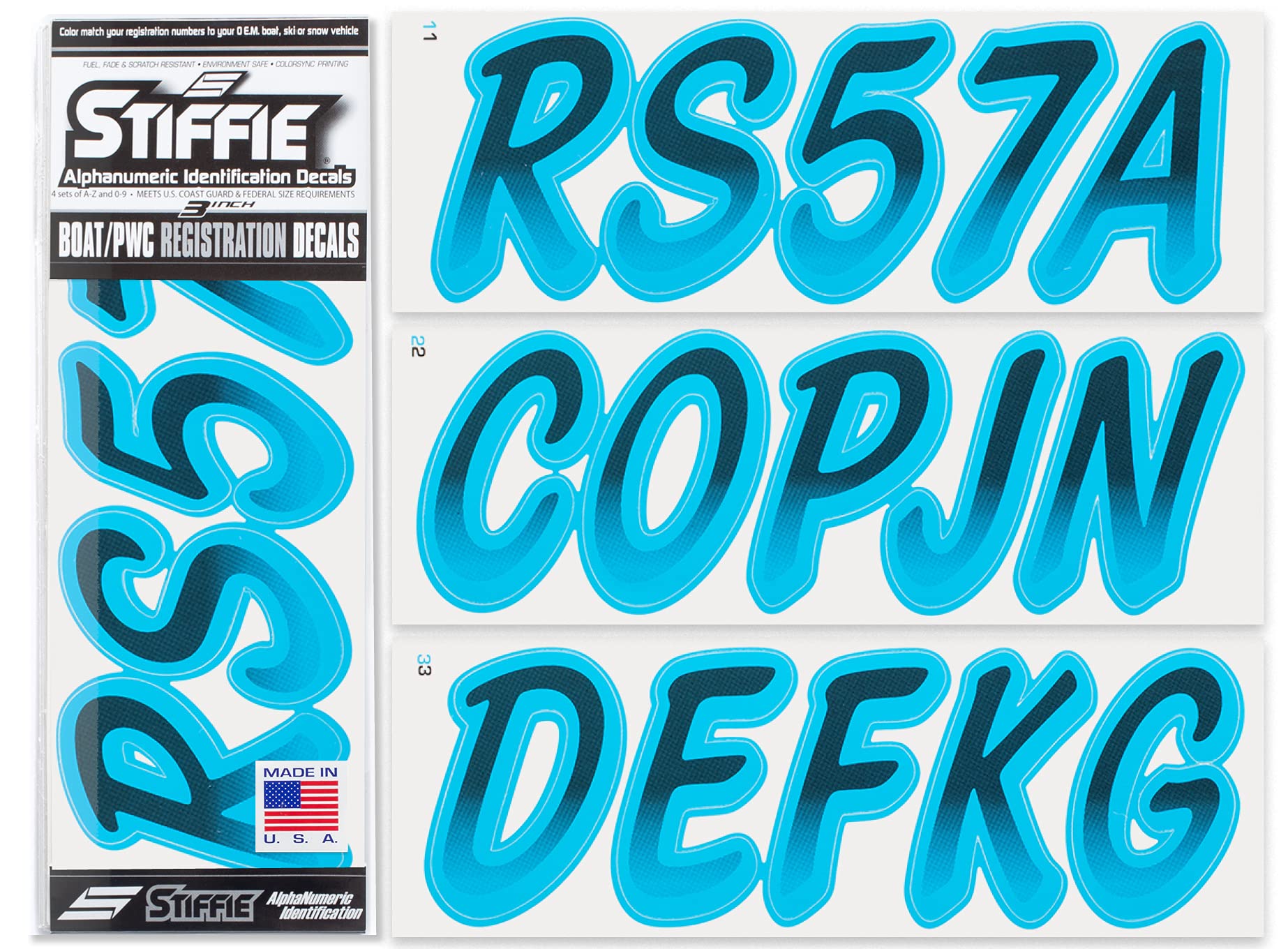 STIFFIE Whipline Black/Sky Blue 3" Boat &amp; PWC Registration Decals • Numbers Letters Stickers