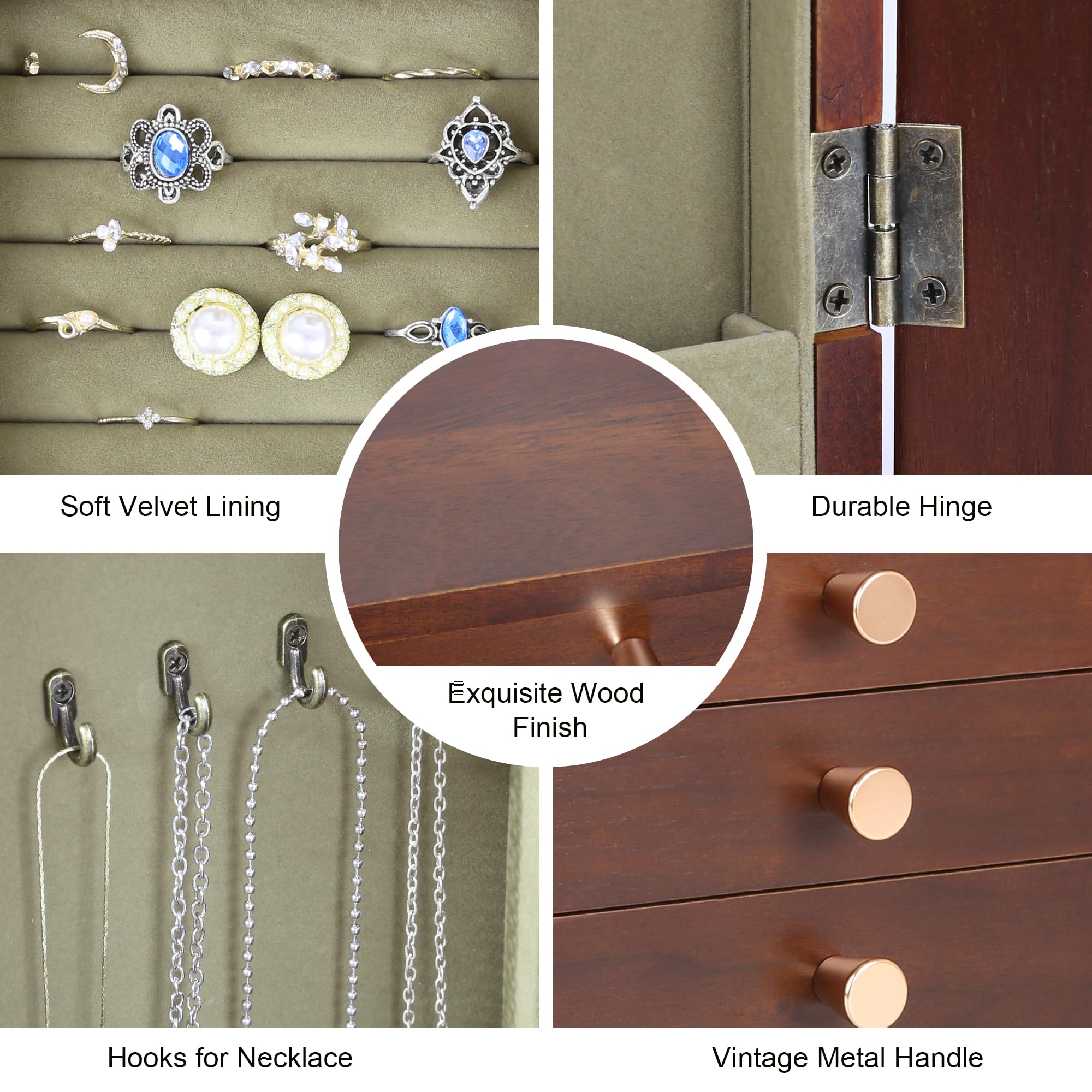 Kendal Joyero de madera para mujer, organizador de joyas de madera, caja organizadora de joyas de 5 capas con puerta lateral, organizador de joyas para aretes, collares, anillos