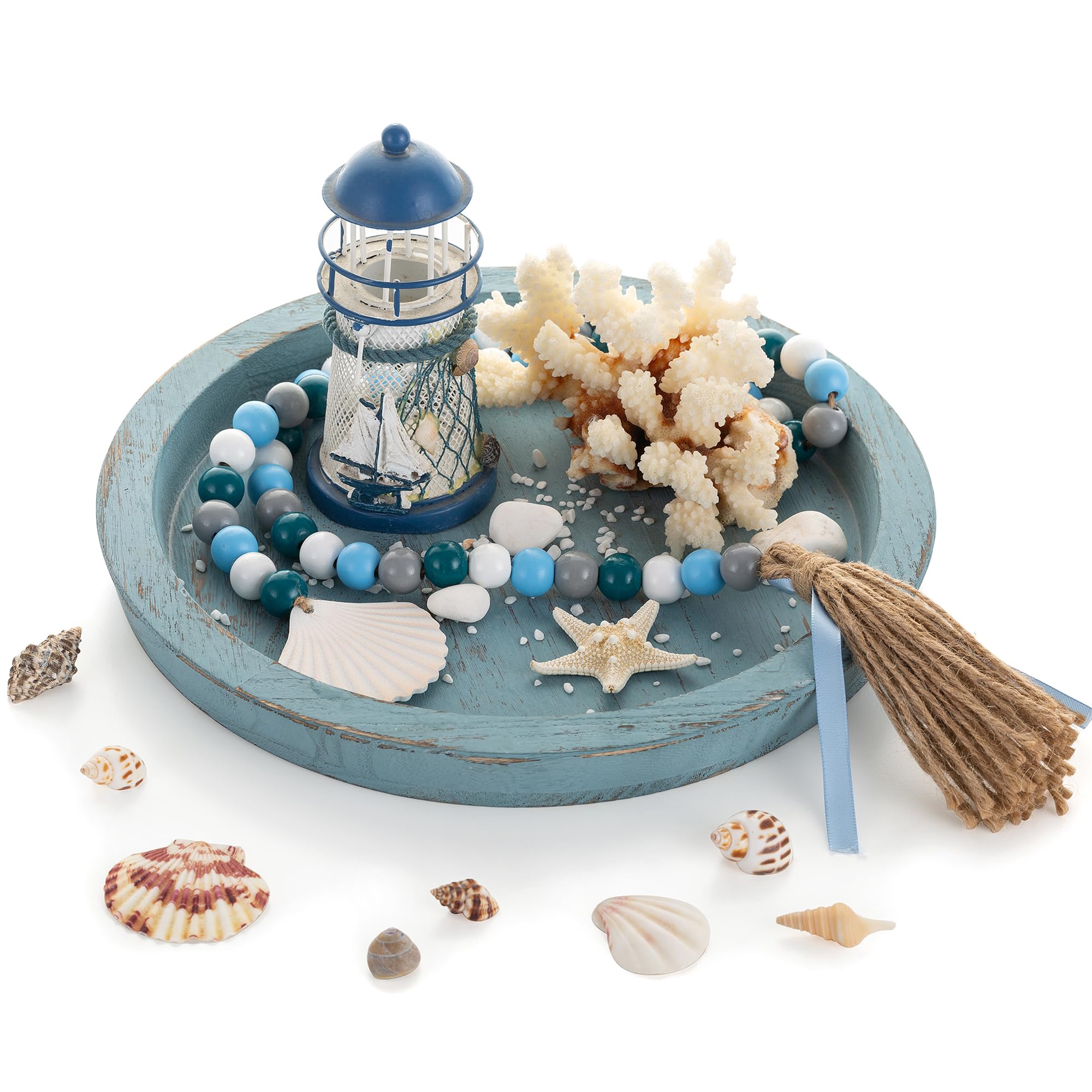 Hanobe Beach Decor Decorative Tray: Farmhouse Coastal Tray for Nautical Themed Decorations Coffee Table - Round Wooden Trays Ocean Style for Bathroom Countertop Centerpiece Rustic Blue